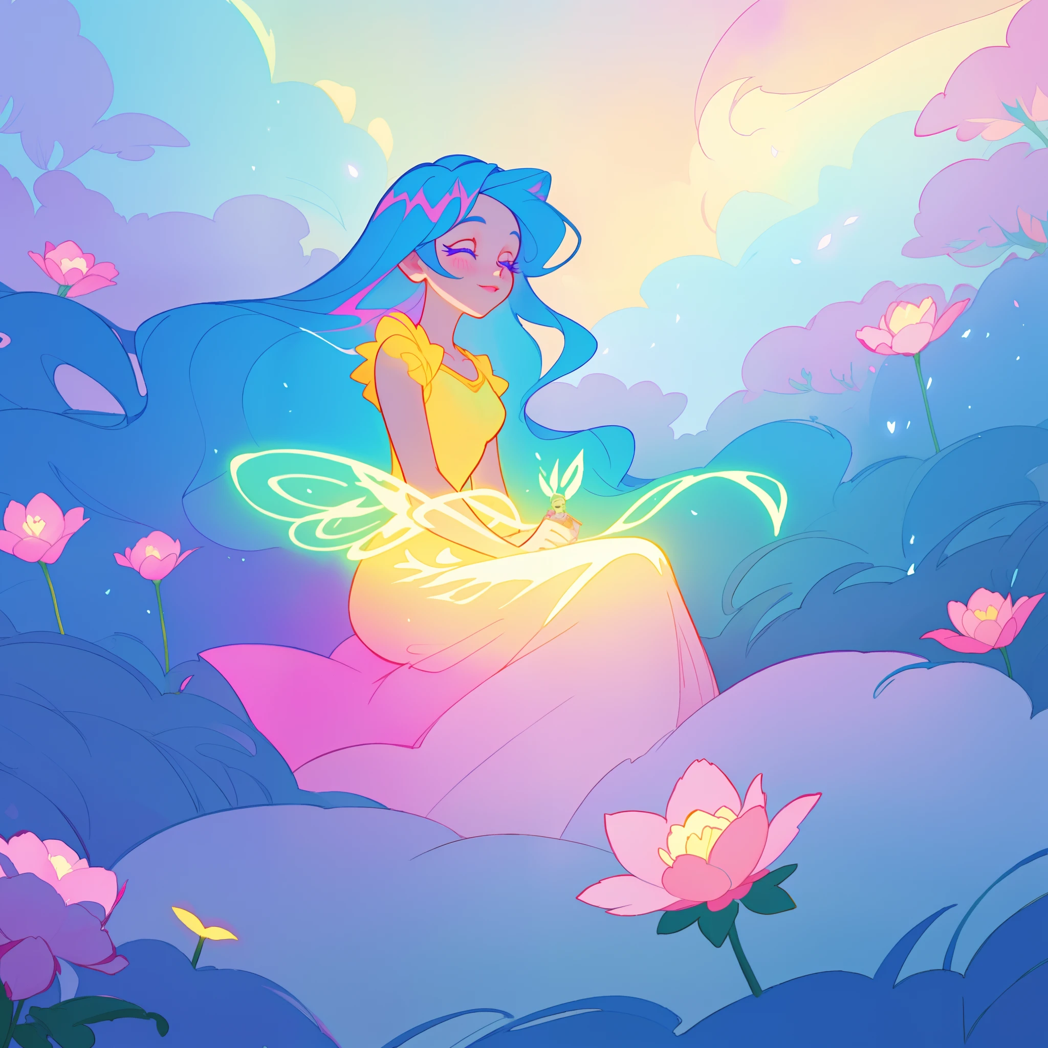 beautiful girl in gradient colorful dress, yellow pink purple fairy dress, beautiful girl sitting in a field with pink red flowers, puffy pink flowers, glowing lights, whimsical landscape, long dark blue flowing hair, watercolor illustration, inspired by Glen Keane, inspired by Lois van Baarle, disney art style, by Lois van Baarle, glowing aura around her, by Glen Keane, jen bartel, glowing lights! digital painting, flowing glowing hair, glowing flowing hair, beautiful digital illustration, fantasia otherworldly landscape plants flowers, beautiful, masterpiece, best quality, anime disney style