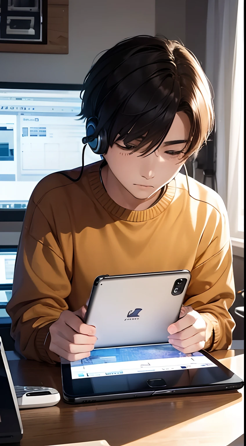 a age boy who was a successful smartphone designer at a young age is using a headset and wearing a sweater, in front of a tablet while working on an editing project in his studio.masterpiece,best quality