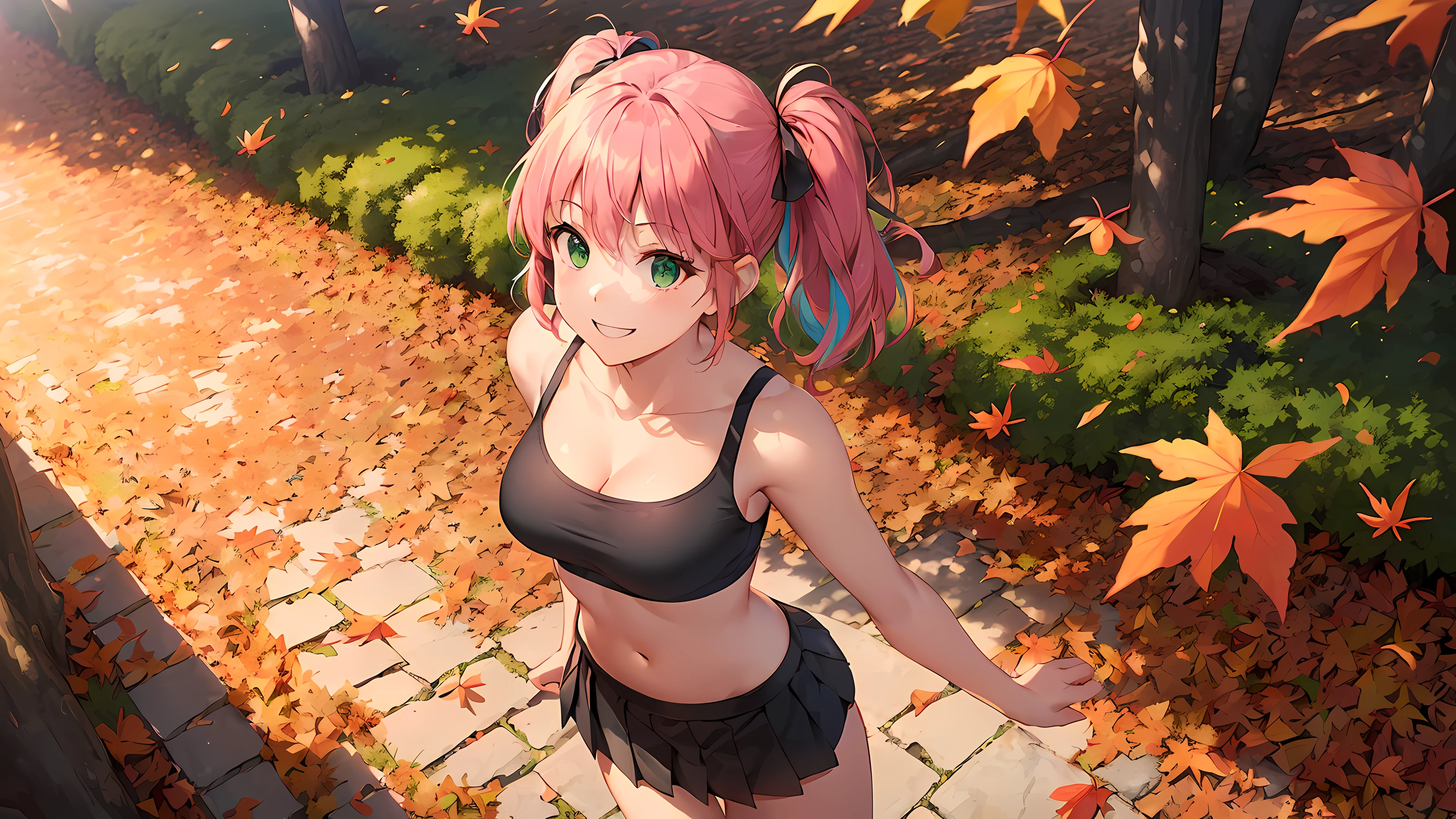 masterpiece, 1girl ((20year old, dressed in short black skirt, crop top exposes navel, sneakers, medium breasts, multicolor pink hair, twin ponytails, perfect model body, green eyes:1.4, flirting, happy, big smile, looking up, walking in a park during the autumn season:1.3, tall trees and falling leaves in background:1.2, relaxing atmosphere:1.2)) ((solo:1.6)) ((wide angle camera shot, top view))