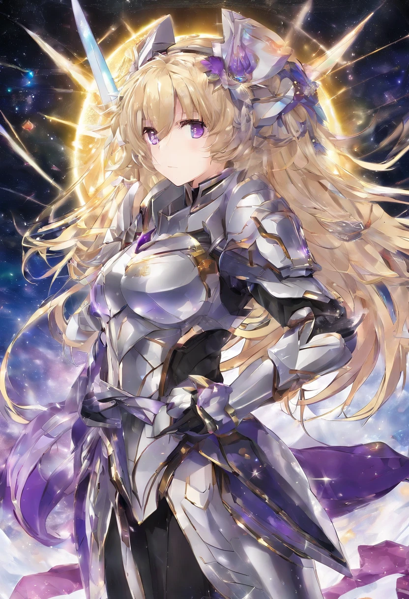 anime big breast,femele,Blonde slightly curly hair,Purple eye,The armor of the Grey Knight of the Starry Sky,Gold and purple filters