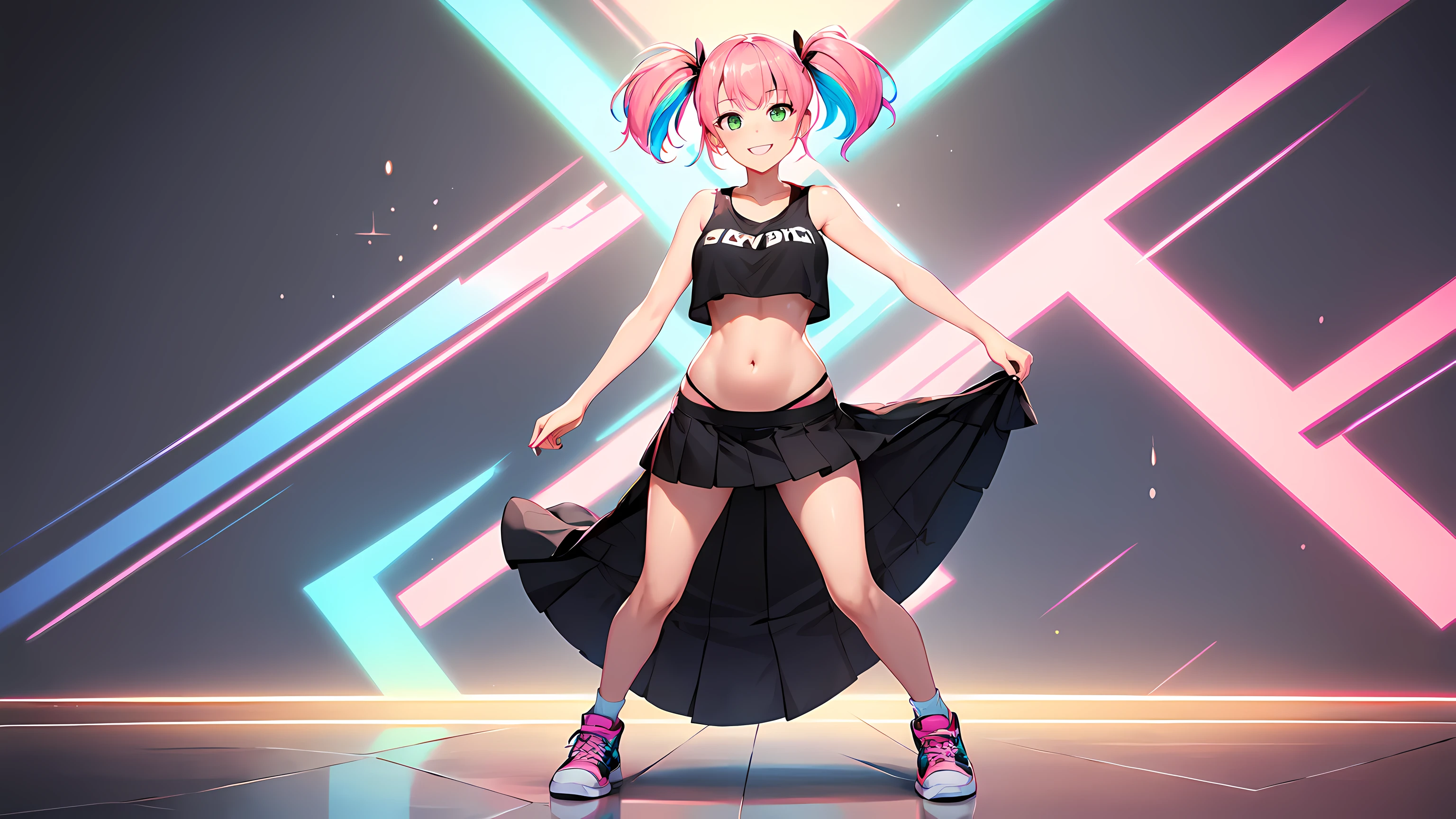 ​masterpiece, 1girl ((20year old, dressed in short black skirt, crop top exposes navel, sneakers, medium breasts, multicolor pink hair, twin ponytails, perfect model body, green eyes:1.4, flirting, happy, big smile, looking forward:1.4, transparent clear white background:1.5)) ((solo:1.6)) ((portrait shot:1.2, full body view:1.3))