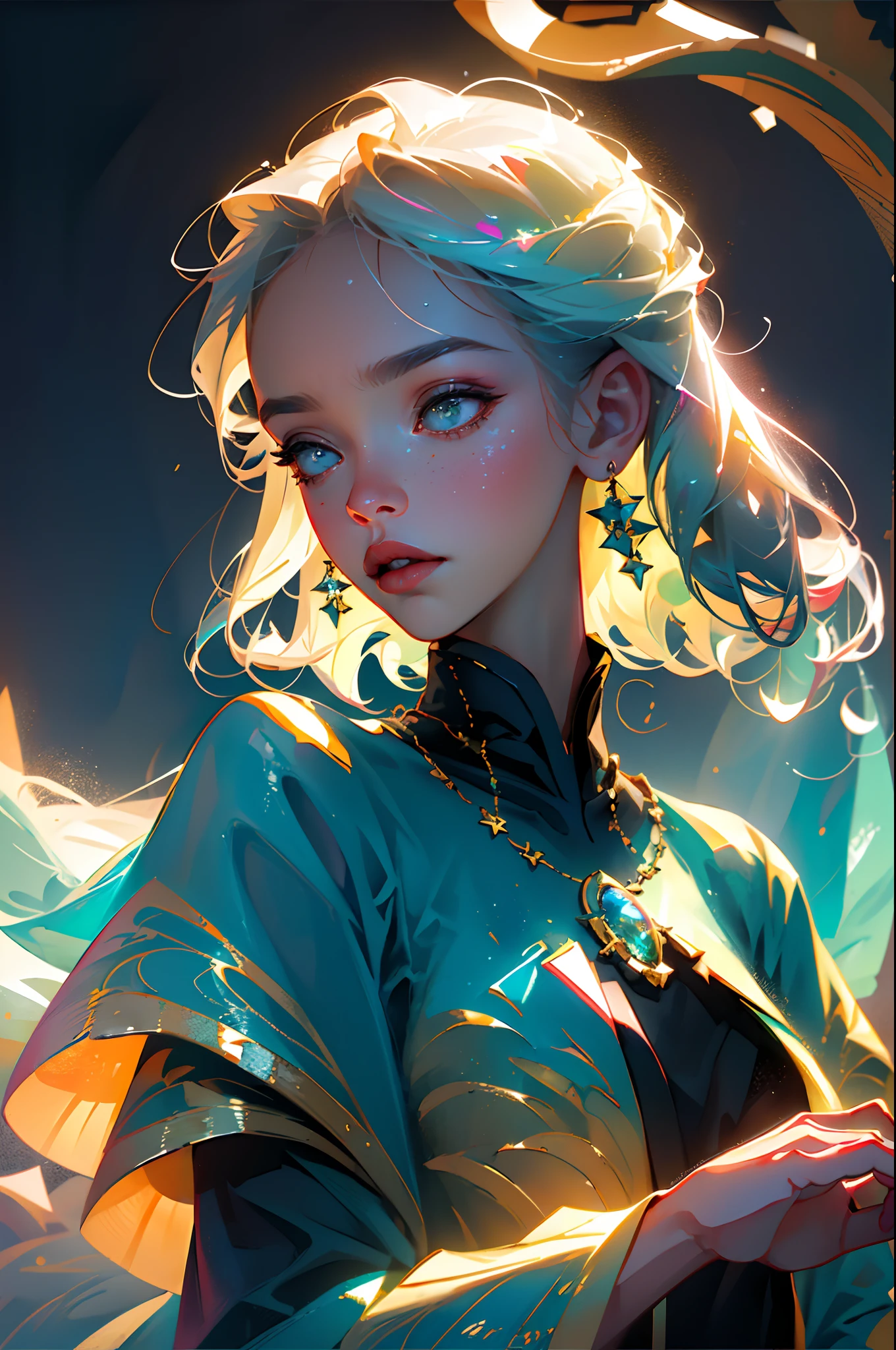 (8k, RAW photo, best quality, masterpiece: 1.2), (realistic, photorealistic: 1.37), ((best quality)), ultra high resolution, extremely detailed 8k CG wallpaper, physics-based rendering, cinematic lighting, full body, (bokeh: 1.4), ((((1girl))), (oval face), closed face
White-haired girl with multicolored shines, surrounded by a golden, heavenly, beautiful, bright aura,