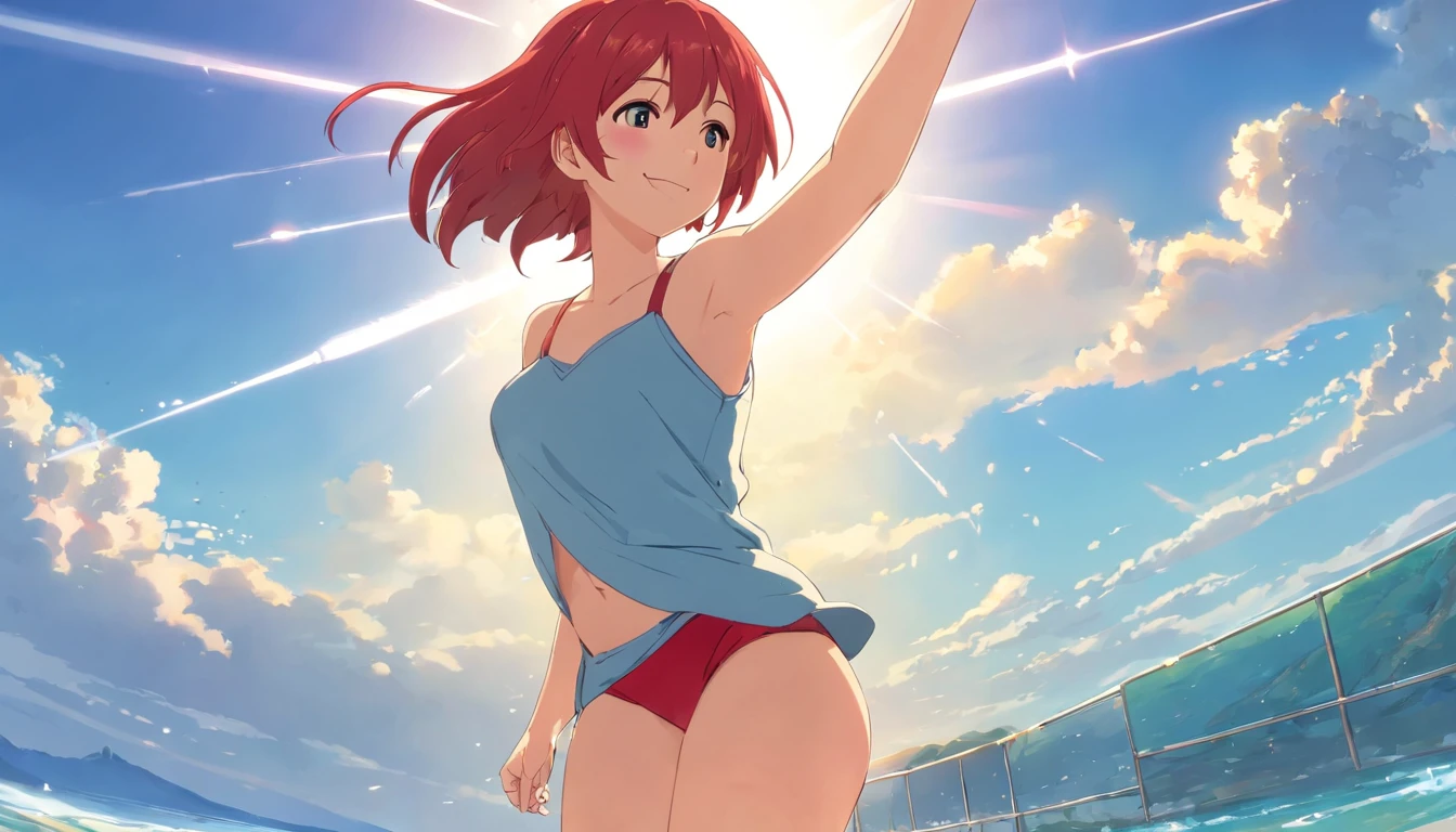 beautiful girl, with red hair, big breasts without red panties standing looking at the sun and smiling.