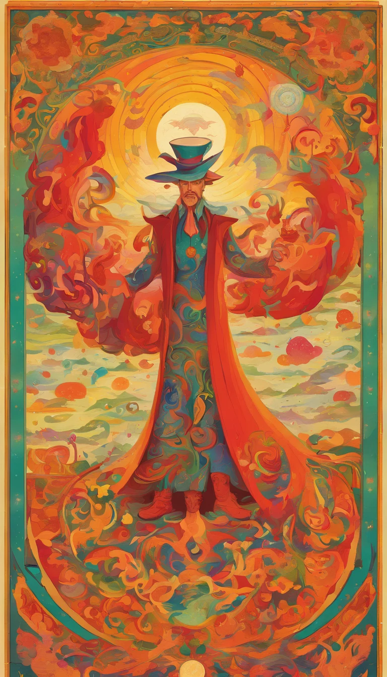 A magician stands with one arm stretched upwards towards the Universe, and the other pointing down to the earth. The Magician’s robe is white, and his cloak is red. On a table in front of him are a cup, pentacle, sword and wand. Above his head is the infinity symbol, and around his waist is a snake biting its own tail. in the foreground is an array of foliage and flowers, highly detailed