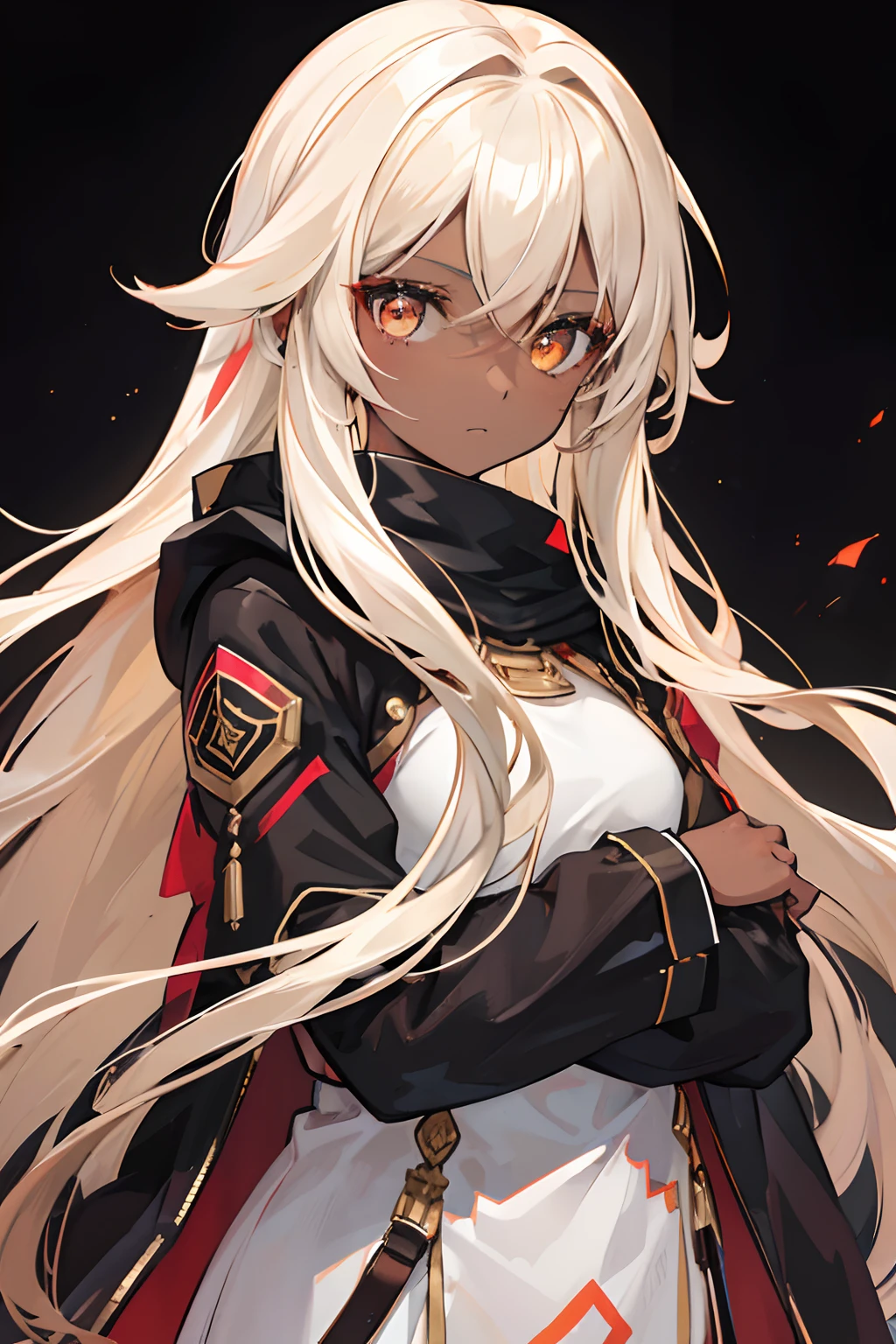 1 Girl, ((Dark Skinned)), Golden eyes, Beige Hair, Nomad, Black clothes with Red Accents