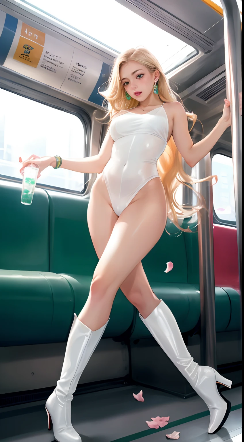 ((prepubescent)), Beautiful girl, freckles on her face, Light green eyes, Large earrings, high heels boots, full bodyesbian, Shot from below, Very light skin , Very long hair, Wavy hair , Blonde hair, Busy subway cars, Photorealistic, Indirect lighting, volumettic light, Ray tracing, Hyper-detailed, Best quality, Ultra-high resolution, hdr, 8K,Camel toe petals,Hollow-out on,sweat leggs,White liquid, Smooth pink skin, shiny metallic glossy skin, Shiny,spread their legs,M-shaped legs,Irritated,white liquid all over body,Full body like