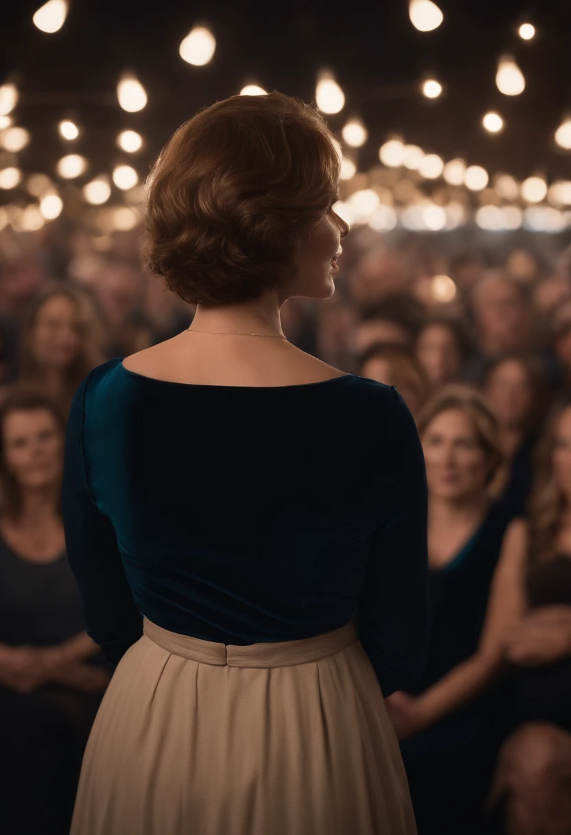 a woman with very short light brown hair, speaking with a microphone in her hand, visible from her back and in the background a crowd with shining lights. Make more of her body and confidence posture visible. Let the woman turn slightly so you see hardly see only the side of her face. place her a little more left of the image. Make it look very realistic and add blue lights in the background