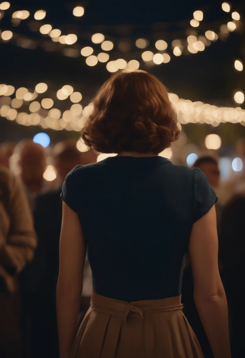 a woman with very short light brown hair, speaking with a microphone in her hand, visible from her back and in the background a crowd with shining lights. Make more of her body and confidence posture visible. Let the woman turn slightly so you see hardly see only the side of her face. place her a little more left of the image. Make it look very realistic and add blue lights in the background
