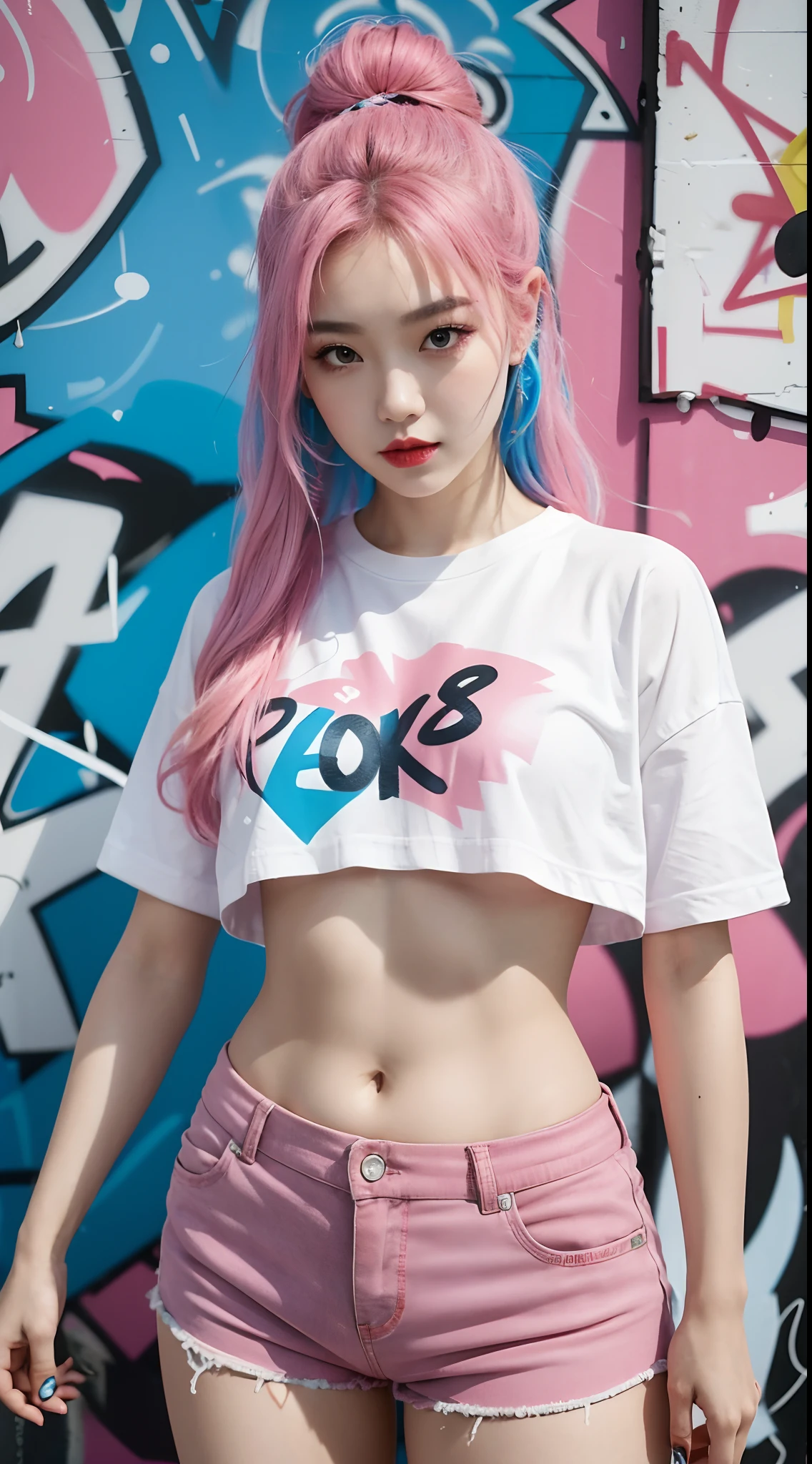 best quality, Clarity, 4k, 8k, detail, actual, Beautiful Girl, Korean makeup, Red lips, pink and blue hair, Perfect body, thigh, stand, pose standing, medium chest, Graffiti crop top, pink and blue shorts, Solid graffiti wall background, Graffiti art,