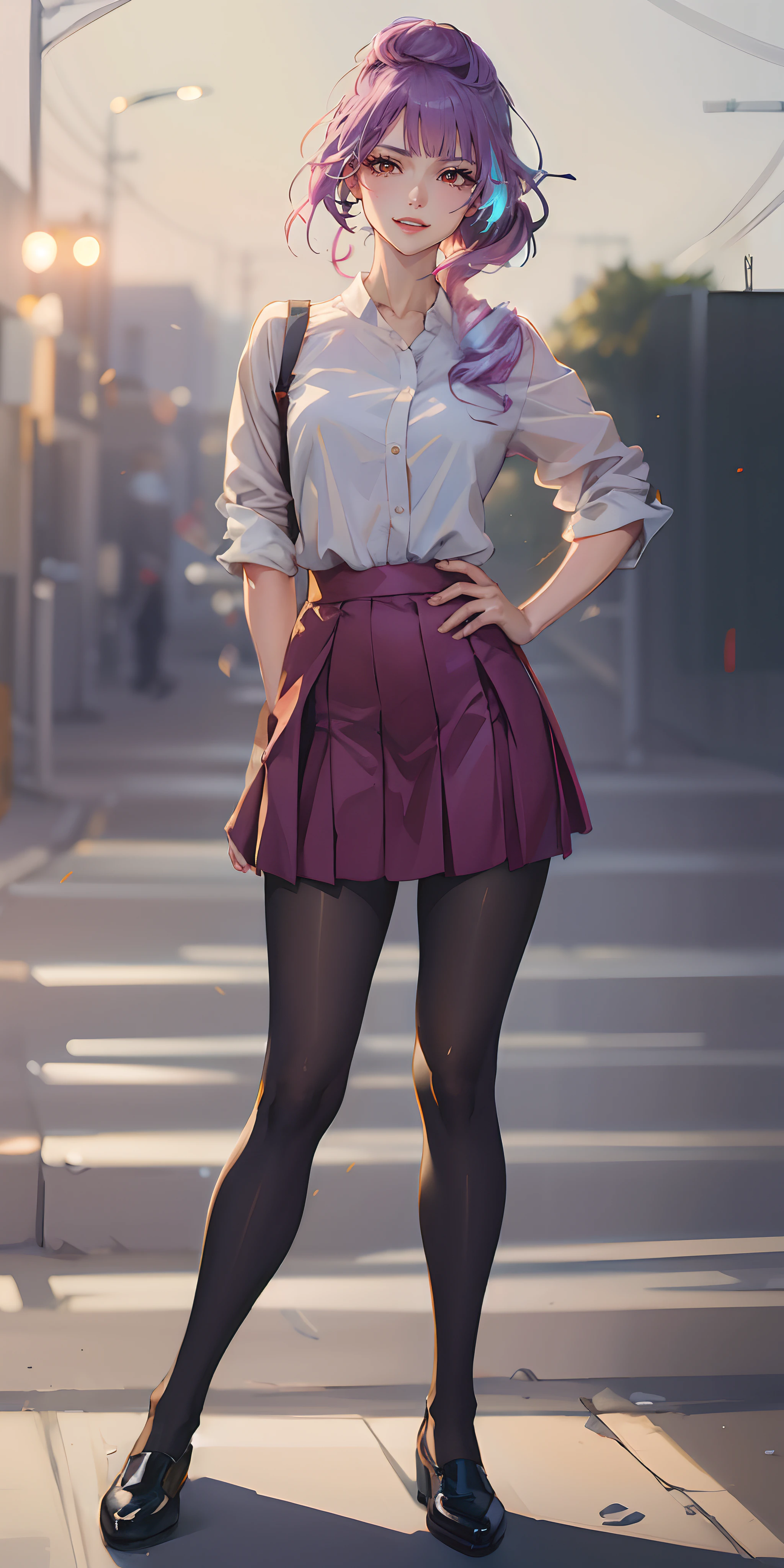 sweating, glowing eyes, heavy breathing, 1girl, pantyhose, skirt, solo, red_skirt, hands_on_hips, standing, shirt, black_legwear, blurry_background, looking_at_viewer, breasts, white_shirt, black_footwear, full_body, blurry, buttons, hand_on_hip, long_sleeves, high-waist_skirt, outdoors, collared_shirt, glow effects, godrays, Hand drawn, render, 8k, octane render, cinema 4d, blender, dark, atmospheric 4k ultra detailed, cinematic, Sharp focus, big depth of field, Masterpiece, colors, 3d octane render, 4k, concept art, trending on artstation, hyperrealistic, Vivid colors, extremely detailed CG unity 8k wallpaper, trending on CGSociety, Intricate, High Detail, dramatic, anime coloring, anime screencap,