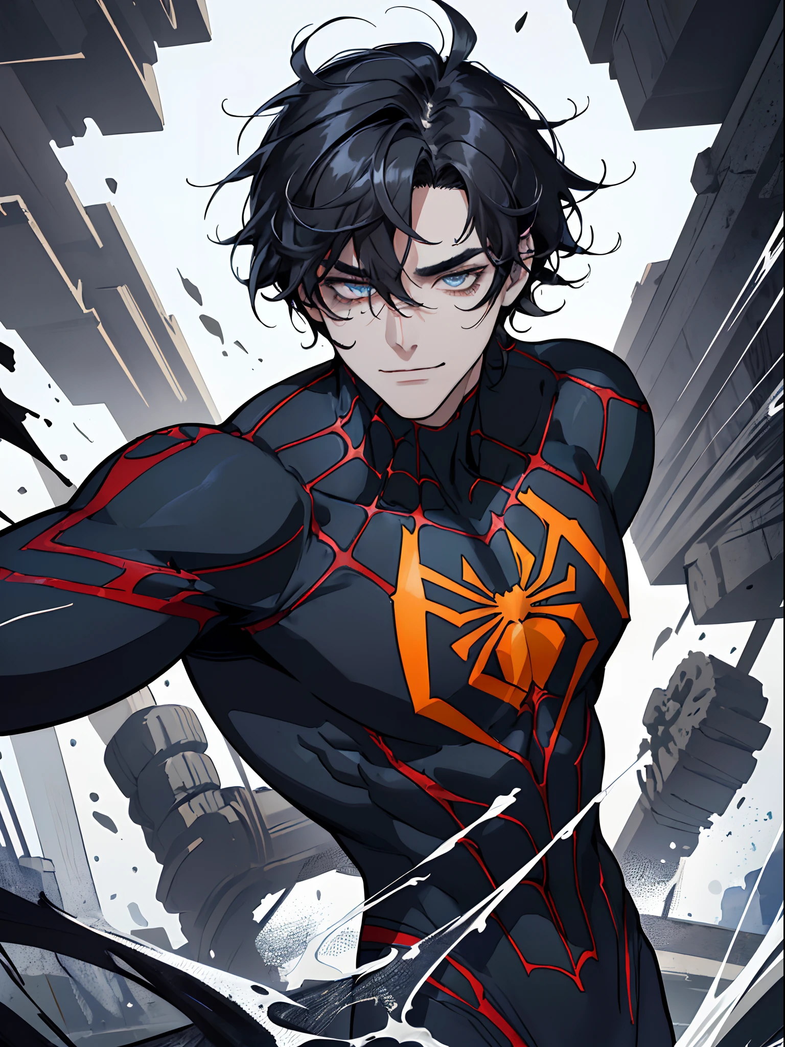((highest quality, masterpiece, 4k, finely detailed, detailed eyes, detailed face, dynamic lighting)), dynamic super hero pose, on rooftop ((solo)), 1 male, handsome, broad shoulders, smiling, looking at viewer ((lazy eyes, half-lidded, tired eyes, eyebags under eyes, dark eyes, thick eyebrows)), (((spider-man suit, black and white))), ((black hair, medium length hair, shaggy hairstyle, messy hair)