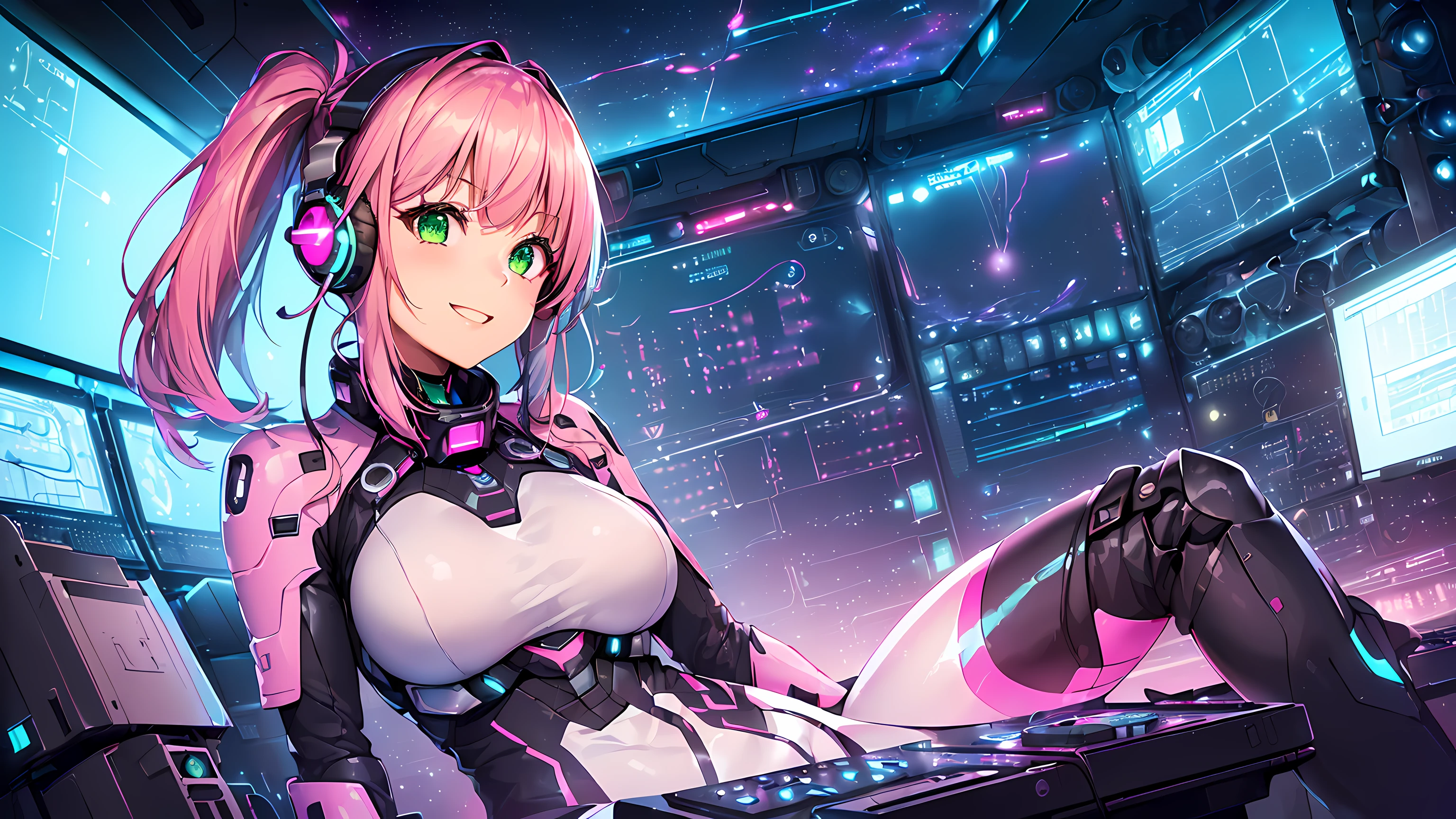 very detailed、masterpiece、high quality、one high school girl、12 years old、Loli、(white and pink space suit)、front zipper、(Futuristic, Tight Fit Bodysuit)、headphone、Cyberpunk space station interior background、(colorful pink hair),ロングtwin tails, (pink eyes), change,twin tails,sassy change，cheey change，mesugaki,girl,天才girl、(big breast):1.0,(blush):1.1、halo、