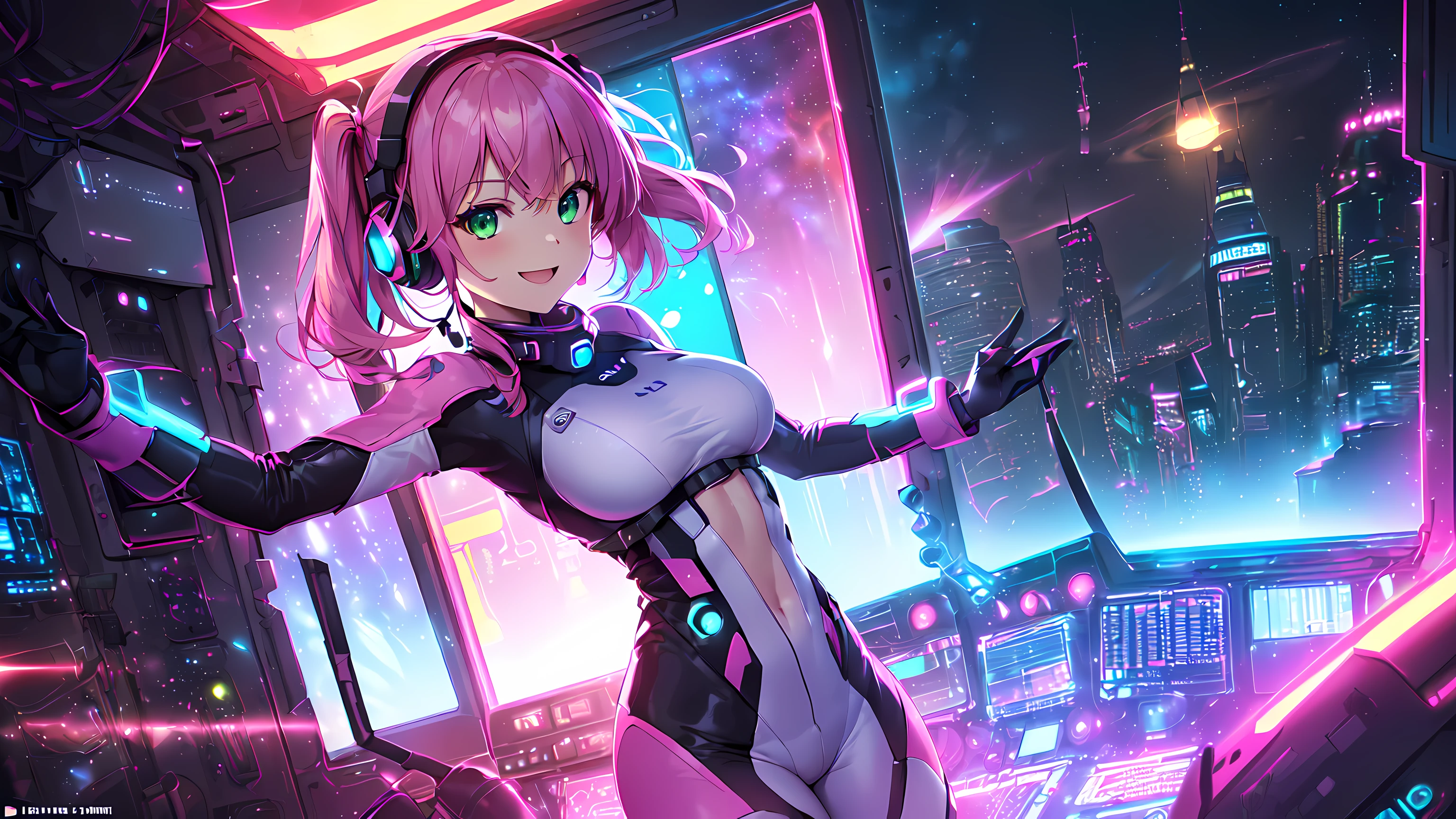 ​masterpiece:1.4, 1girl ((20year old, dressed in purple and pink tight futuristic bodysuit, boots, medium breasts, multicolor pink hair, twin ponytails, perfect model body, green eyes:1.4, Wearing headphones, flirting, happy, big smile, Looking out of a Futuristic Sci-Fi Space Station windows staring out to a beautiful galaxy:1.2, sci-fi sci fi control room in the background at night:1.1, neon and energetic atmosphere:1.2)) ((galaxy)) ((solo:1.6))