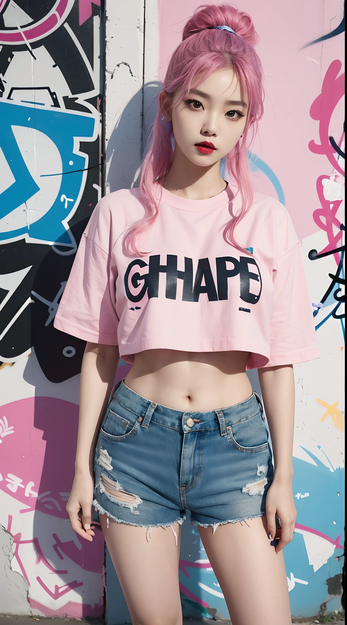 best quality, Clarity, 4k, 8k, detail, actual, Beautiful Girl, Korean makeup, Red lips, pink and blue hair, Perfect body, thigh, stand, pose standing, medium chest, Graffiti crop top, pink and blue shorts, Solid graffiti wall background, Graffiti art,