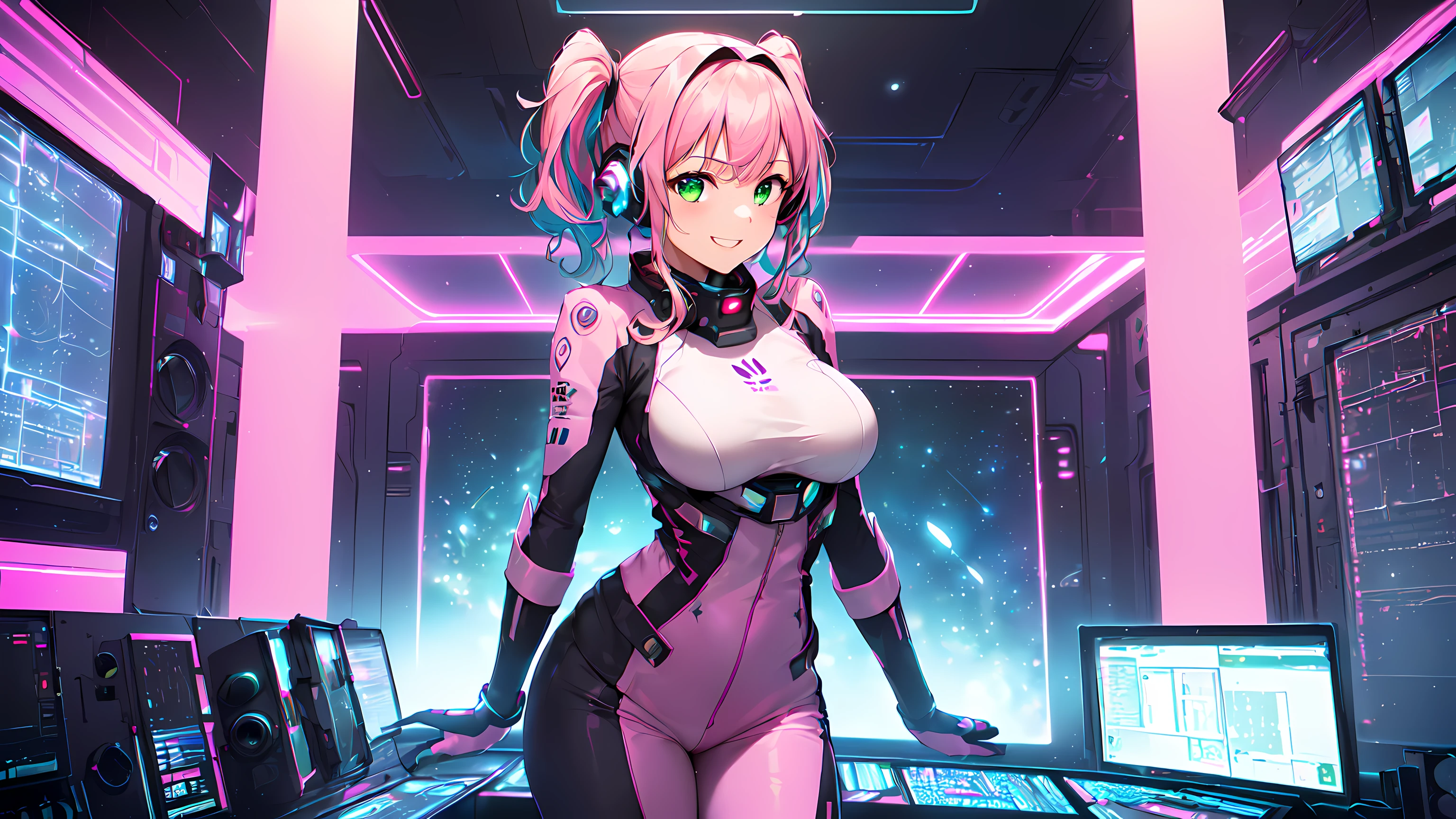 very detailed、masterpiece、high quality、one high school girl、************、Loli、(white and pink space suit)、front zipper、(Futuristic, Tight Fit Bodysuit)、headphone、Cyberpunk space station interior background、(colorful pink hair),ロングtwin tails, (pink eyes), change,twin tails,sassy change，cheey change，mesugaki,girl,天才girl、(big breast):1.0,(blush):1.1、halo、