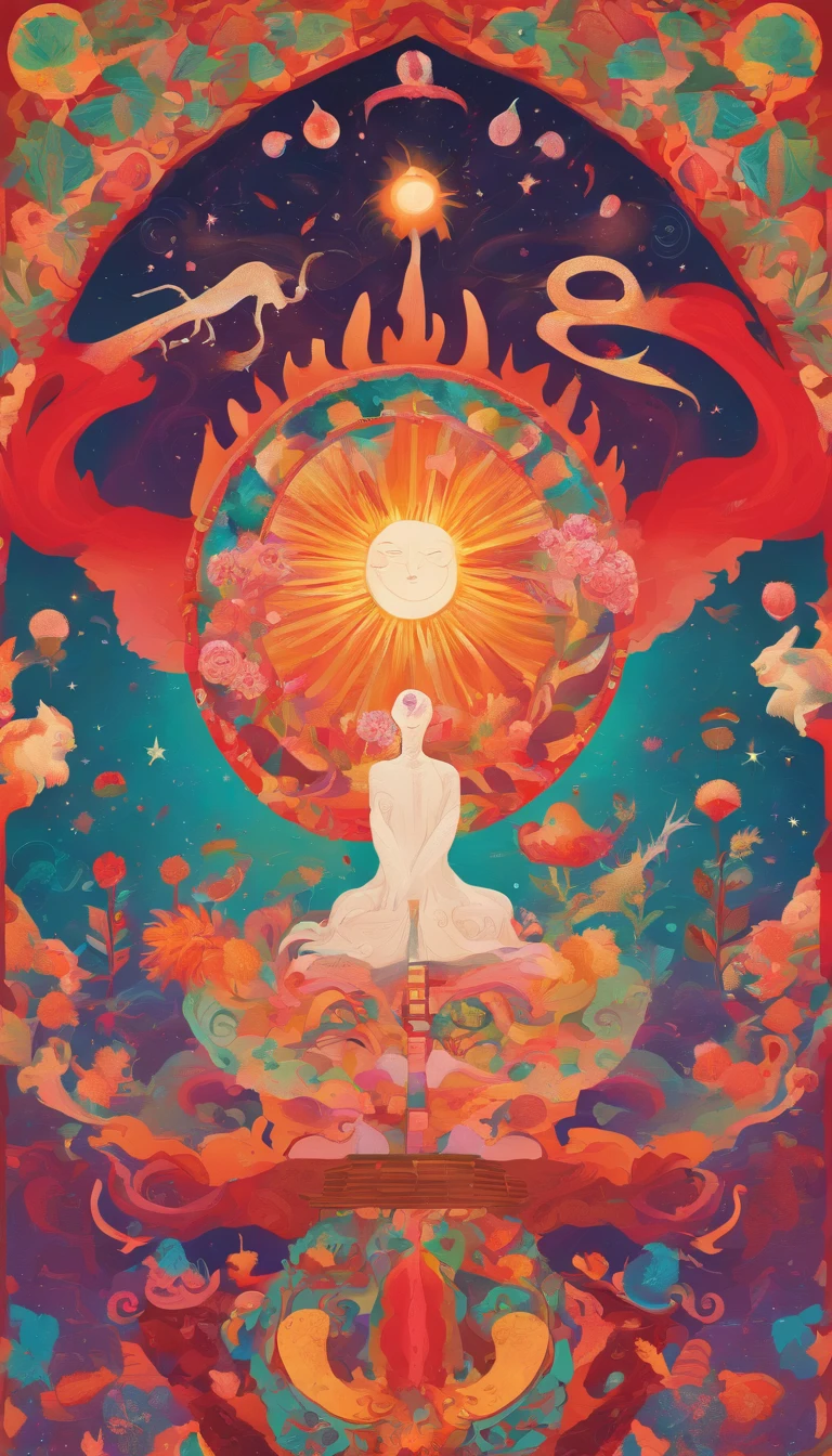A magician stands with one arm stretched upwards towards the Universe, and the other pointing down to the earth. The Magician’s robe is white, and his cloak is red. On a table in front of him are a cup, pentacle, sword and wand. Above his head is the infinity symbol, and around his waist is a snake biting its own tail. in the foreground is an array of foliage and flowers, highly detailed