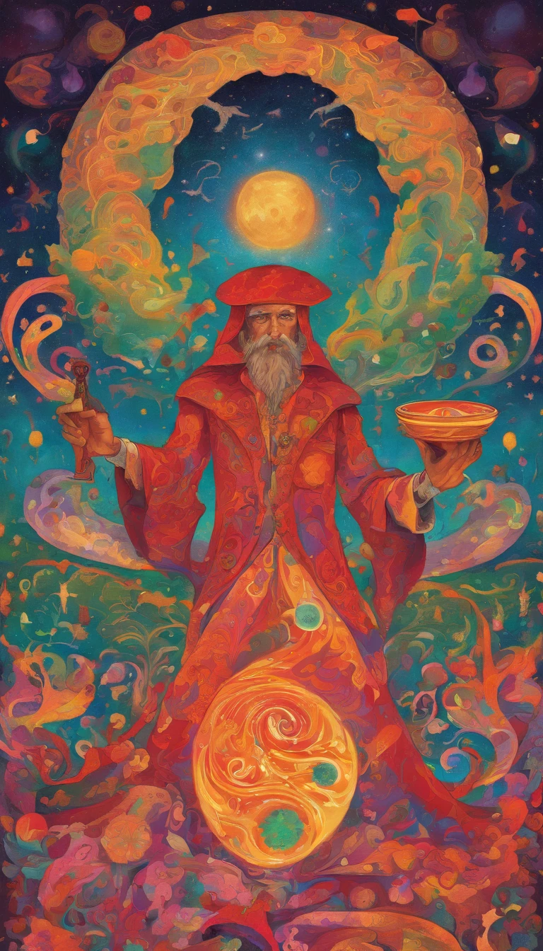 A magician stands with one arm stretched upwards towards the Universe, and the other pointing down to the earth. The Magician’s robe is white, and his cloak is red. On a table in front of him are a cup, pentacle, sword and wand. Above his head is the infinity symbol, and around his waist is a snake biting its own tail. in the foreground is an array of foliage and flowers, highly detailed