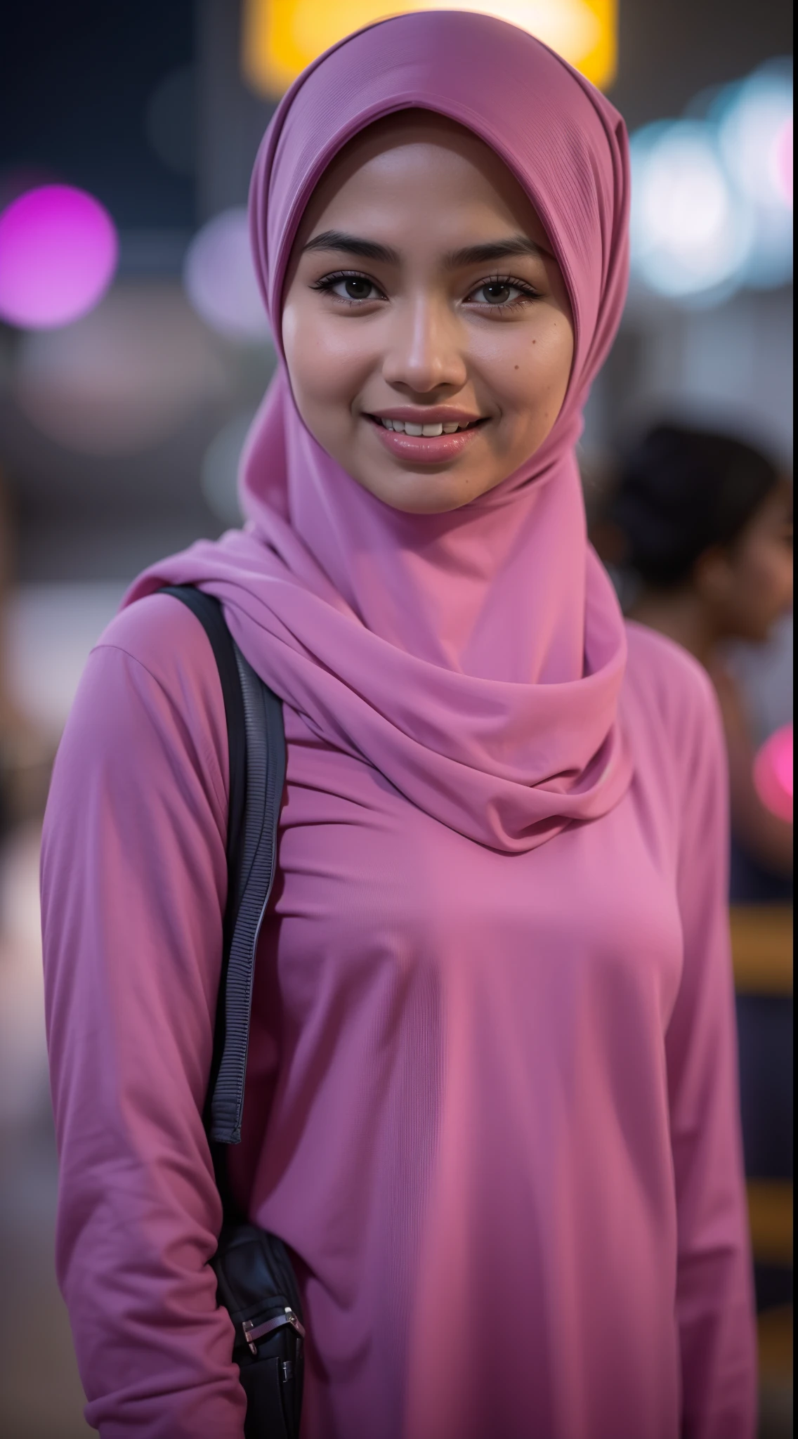 Malay girl in hijab wear plain baju kurung malaysia in college, wear back pack, front view, detail skin, detail skin texture, mole below eyes, small breast, big hip, big waist, big thigh, slim abs, beautiful body, nighttime, laughing, happy, bright lighting, college student in background, crowded college, blur background, bokeh, 16mm, Crowd shot, neon color grading, chromatic aberrations, indie,