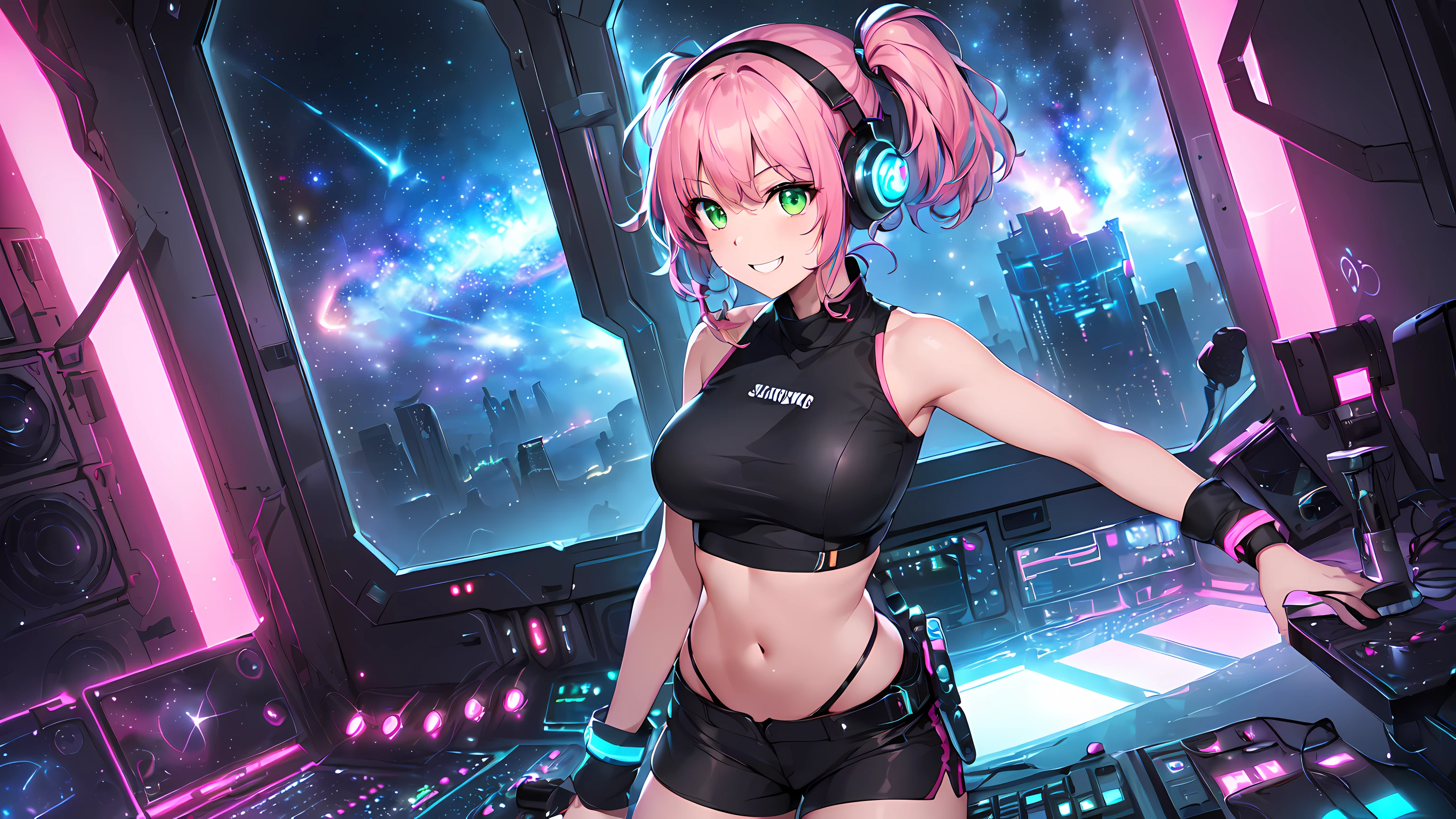 masterpiece:1.4, 1girl ((20year old, dressed in tight crop top, tight black shorts, sneakers, medium breasts, multicolor pink hair, twin ponytails, perfect model body, green eyes:1.4, Wearing headphones, flirting, happy, big smile, Looking out of a Futuristic Sci-Fi Space Station windows staring out to a beautiful galaxy:1.2, sci fi control room in the background at night:1.1, neon and energetic atmosphere:1.2)) ((galaxy)) ((solo:1.6)) ((wide Camera angle))
