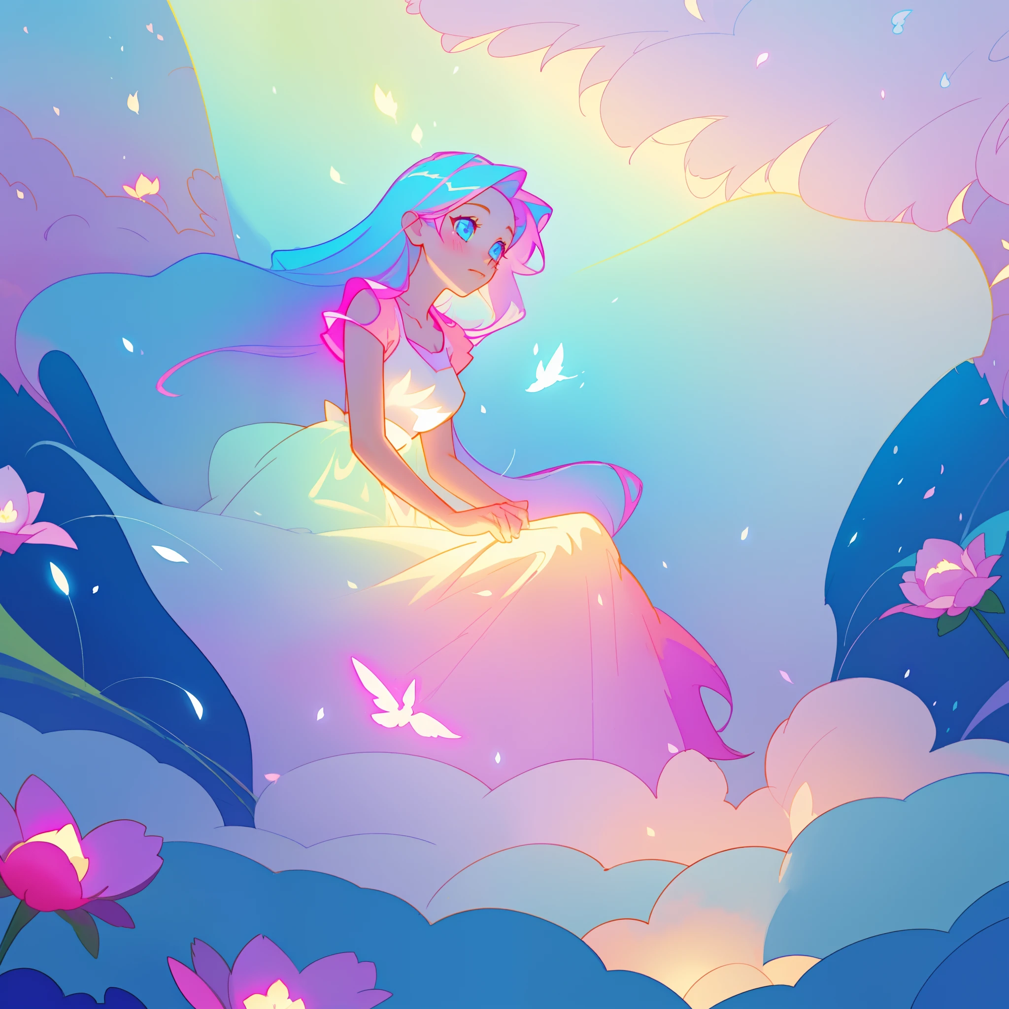beautiful girl in gradient colorful dress, yellow pink purple fairy dress, beautiful girl sitting in a field with pink red flowers, puffy pink flowers, glowing lights, whimsical landscape, long dark blue flowing hair, watercolor illustration, inspired by Glen Keane, inspired by Lois van Baarle, disney art style, by Lois van Baarle, glowing aura around her, by Glen Keane, jen bartel, glowing lights! digital painting, flowing glowing hair, glowing flowing hair, beautiful digital illustration, fantasia otherworldly landscape plants flowers, beautiful, masterpiece, best quality, anime disney style