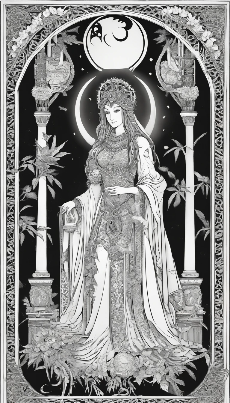 The High Priestess sits in front of a thin veil decorated with pomegranates. On either side of The High Priestess stand two pillars, marking the entrance to this sacred, mystical temple. One pillar is black with the letter B and the other is white with the letter J. The High Priestess wears a blue robe with a cross on her chest and a horned diadem, In her lap, she holds a scroll with the letters TORA, It is partly covered. There is a crescent moon at her feet, highly detailed