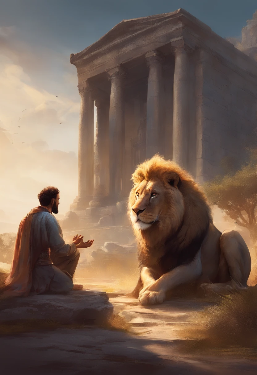 Image of a man kneeling in prayer with a lion sitting in front of him, ao ar livre, Demonstrating Your Devotion to God