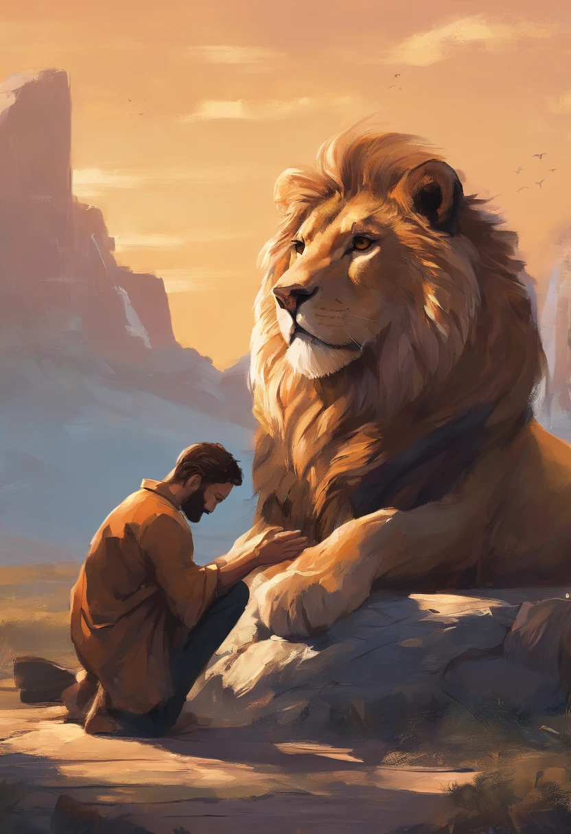 Image of a man kneeling in prayer with a lion sitting in front of him, ao ar livre, Demonstrating Your Devotion to God