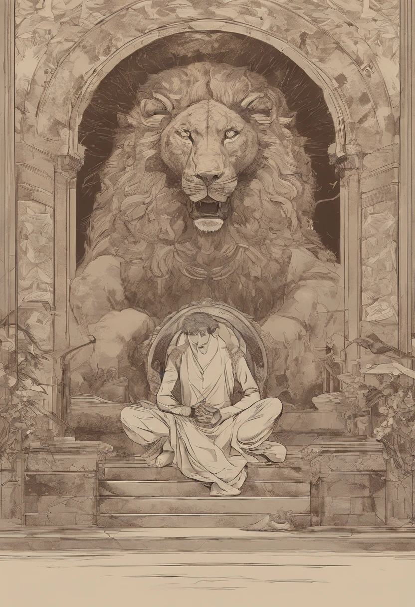 Image of a man kneeling in prayer with a lion sitting in front of him, ao ar livre, Demonstrating Your Devotion to God