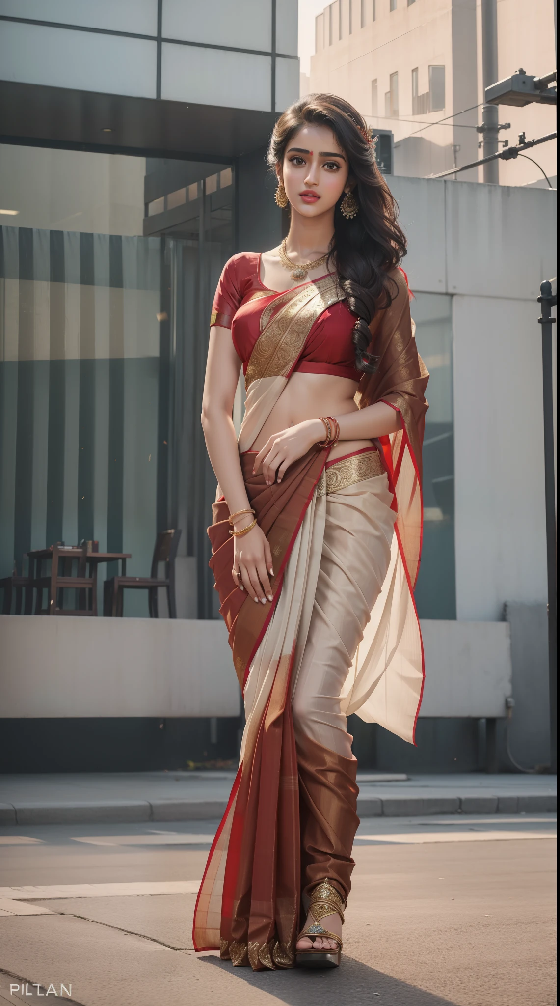 a woman wearing a saree and drinking coffee