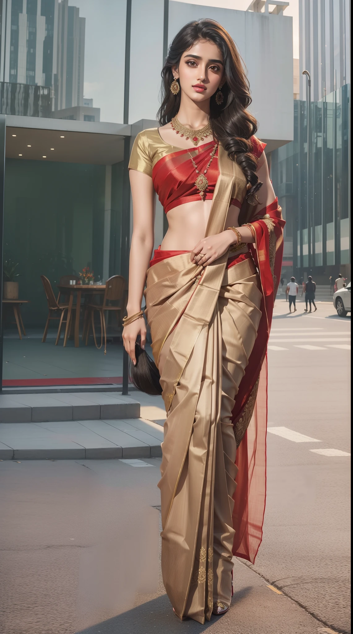 (full body shot:1.5), (Masterpiece:1.1), 1girl, solo girl, 18 year old girl, ultra realistic face, hyperrealistic, hyperdetailed, (wide angle pose standing position:0.5), (inspired by disha patani), sharpen, detailed face, detailed eyes, detailed lips, red lips, beautiful face, 16k, FHD, raw photo, cute face mesh, pretty face mesh, girl in luxury office, beautiful hair style, (Indian traditional saree and blouse, flared saree, traditional net saree, traditional saree with pleated), intricate, extremely detailed, scattering surface, ultra realistic textures, realistic face, red lip, glow face, perfect figure, beautiful curved body, fit body, (fancy high heel), tied hair, fancy hair ornament, standing on street road, croud people background, people in Indian outfits.,