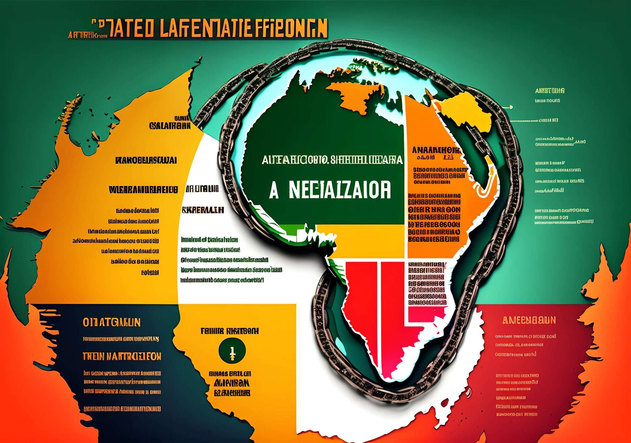 Create a graphical representation of a united African continent, tearing the chains of imperialism. Highlight symbols of freedom and resistance to illustrate the struggle against neocolonialism."