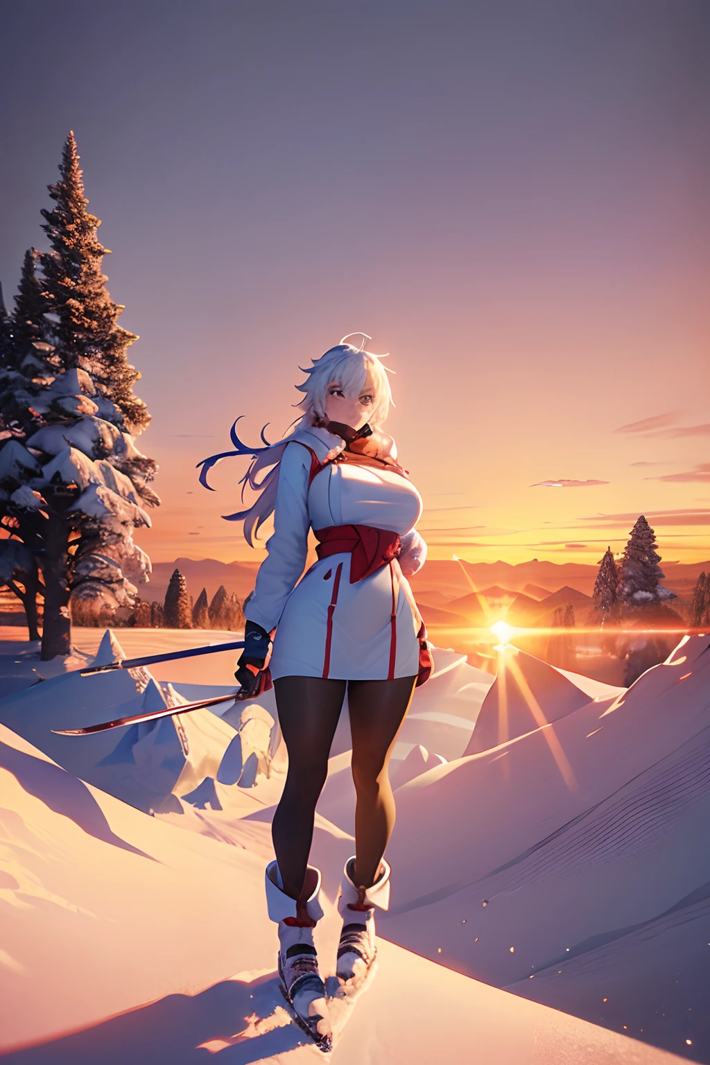 photo, photorealistic, photorealism, full body shot, wide angle, female busty skier wearing ski wears, fully clothed, gigantic breasts, cleavage, giga_busty, (rime ice covered trees along skyline:1.3), (rime ice and snow:1.5), (sunrise:1.5)