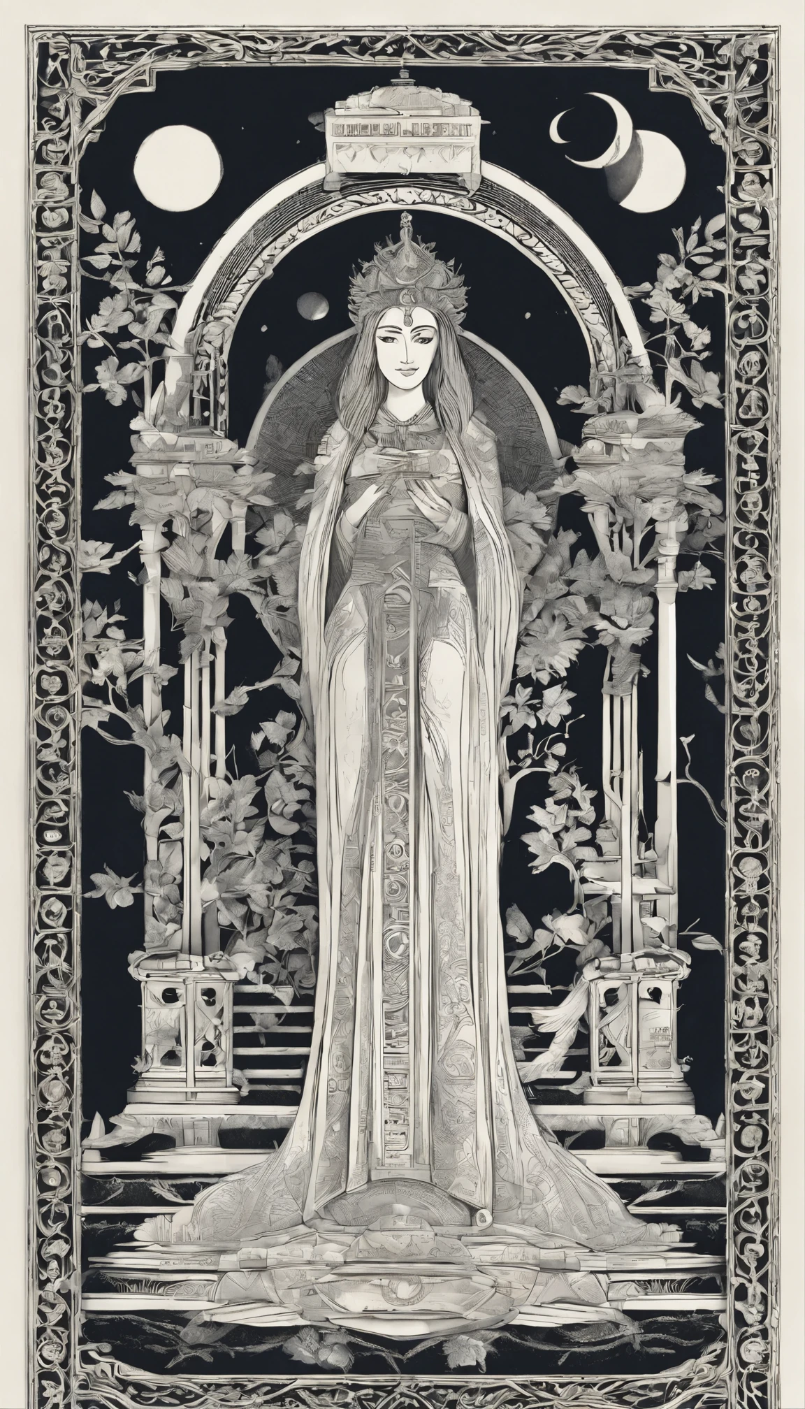 The High Priestess sits in front of a thin veil decorated with pomegranates. On either side of The High Priestess stand two pillars, marking the entrance to this sacred, mystical temple. One pillar is black with the letter B and the other is white with the letter J. The High Priestess wears a blue robe with a cross on her chest and a horned diadem, In her lap, she holds a scroll with the letters TORA, It is partly covered. There is a crescent moon at her feet, highly detailed