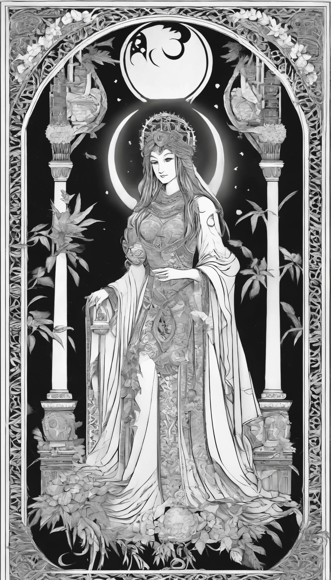 The High Priestess sits in front of a thin veil decorated with pomegranates. On either side of The High Priestess stand two pillars, marking the entrance to this sacred, mystical temple. One pillar is black with the letter B and the other is white with the letter J. The High Priestess wears a blue robe with a cross on her chest and a horned diadem, In her lap, she holds a scroll with the letters TORA, It is partly covered. There is a crescent moon at her feet, highly detailed