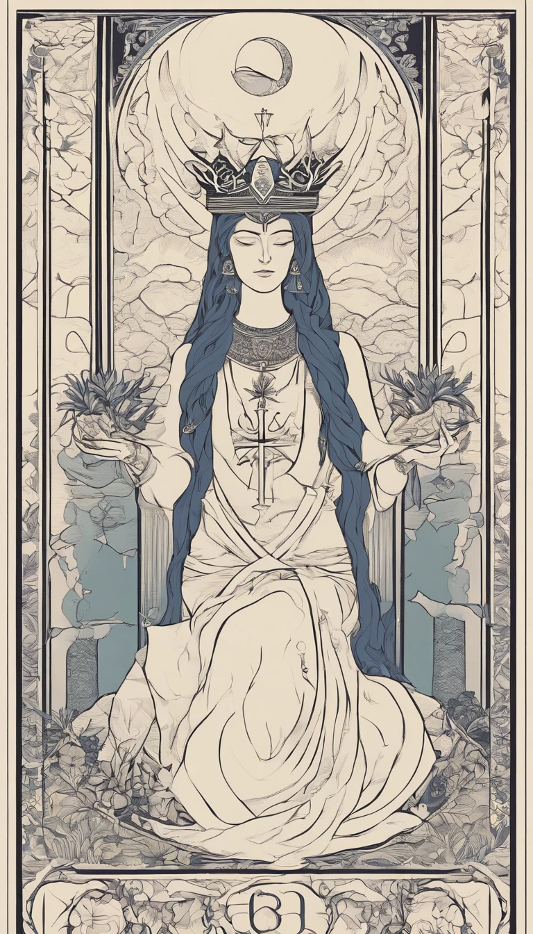 The High Priestess sits in front of a thin veil decorated with pomegranates. On either side of The High Priestess stand two pillars, marking the entrance to this sacred, mystical temple. One pillar is black with the letter B and the other is white with the letter J. The High Priestess wears a blue robe with a cross on her chest and a horned diadem, In her lap, she holds a scroll with the letters TORA, It is partly covered. There is a crescent moon at her feet, highly detailed