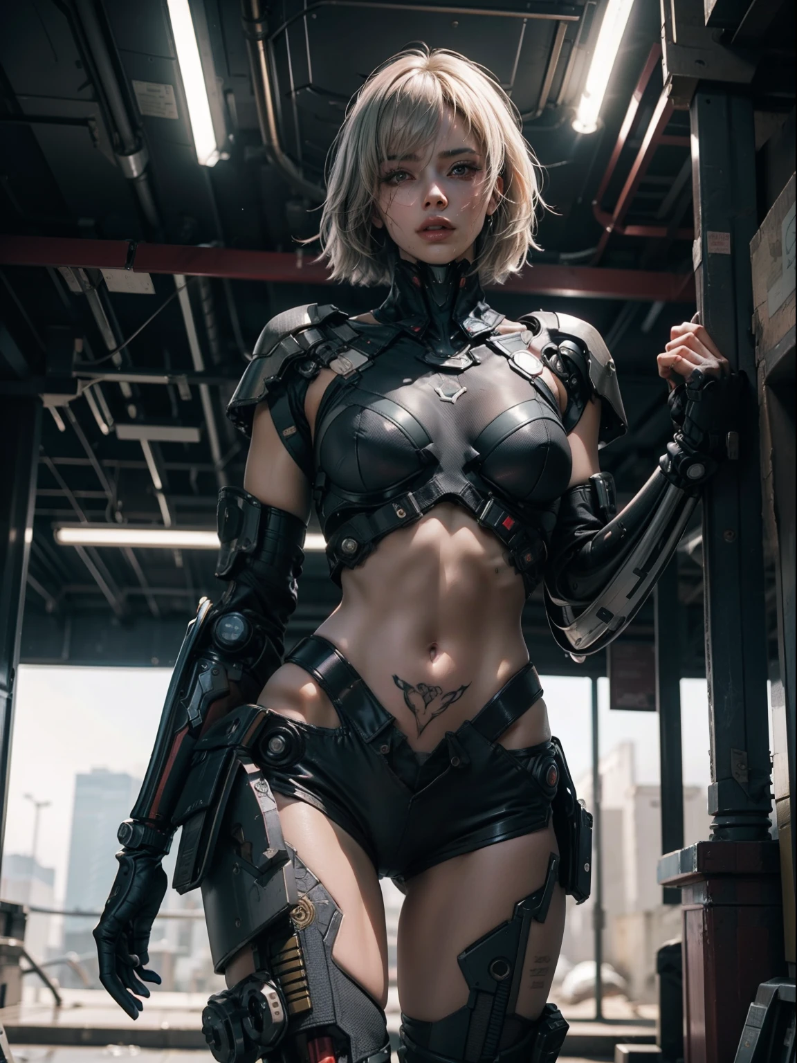 (Details: 1.4), (Details: 1.4), 。.3D, cowboy lens, Beautiful cyberpunk woman, hdr (HighDynamicRange), Ray tracing, NVIDIA RTX, Super resolution, Unreal 5, Subsurface scattering, PBR textures, Post-processing, Anisotropic filtering, Depth of field, Maximum Sharpness and Clarity, Multi-layer textures, Albedo e mapas Speculares, Surface Coloring, Accurate simulation of light material interactions, Perfect proportions, rendering by octane, Bicolor light, largeaperture, Low ISO, White balance, Rule of thirds, 8K raw data, Gray hair, Glossy hair, Delicate hair, Short hair, bob hair, side locks, Asymmetrical bangs, Beautiful detailed glass hair, Sweat-soaked skin, Flowing sweat, The skin is wet and shiny, (((Glossy glossy skin)), ((strong gloss of clothes)), mechanical cybersuit, (Action scenes), sexyposture, tattoos on bare skin, Perfect anime robot woman, robots in organic mix, best 4K wallpapers, Detailed digital art, bishōjo cyborg, Biomechanicals, Digital cyberpunk art,