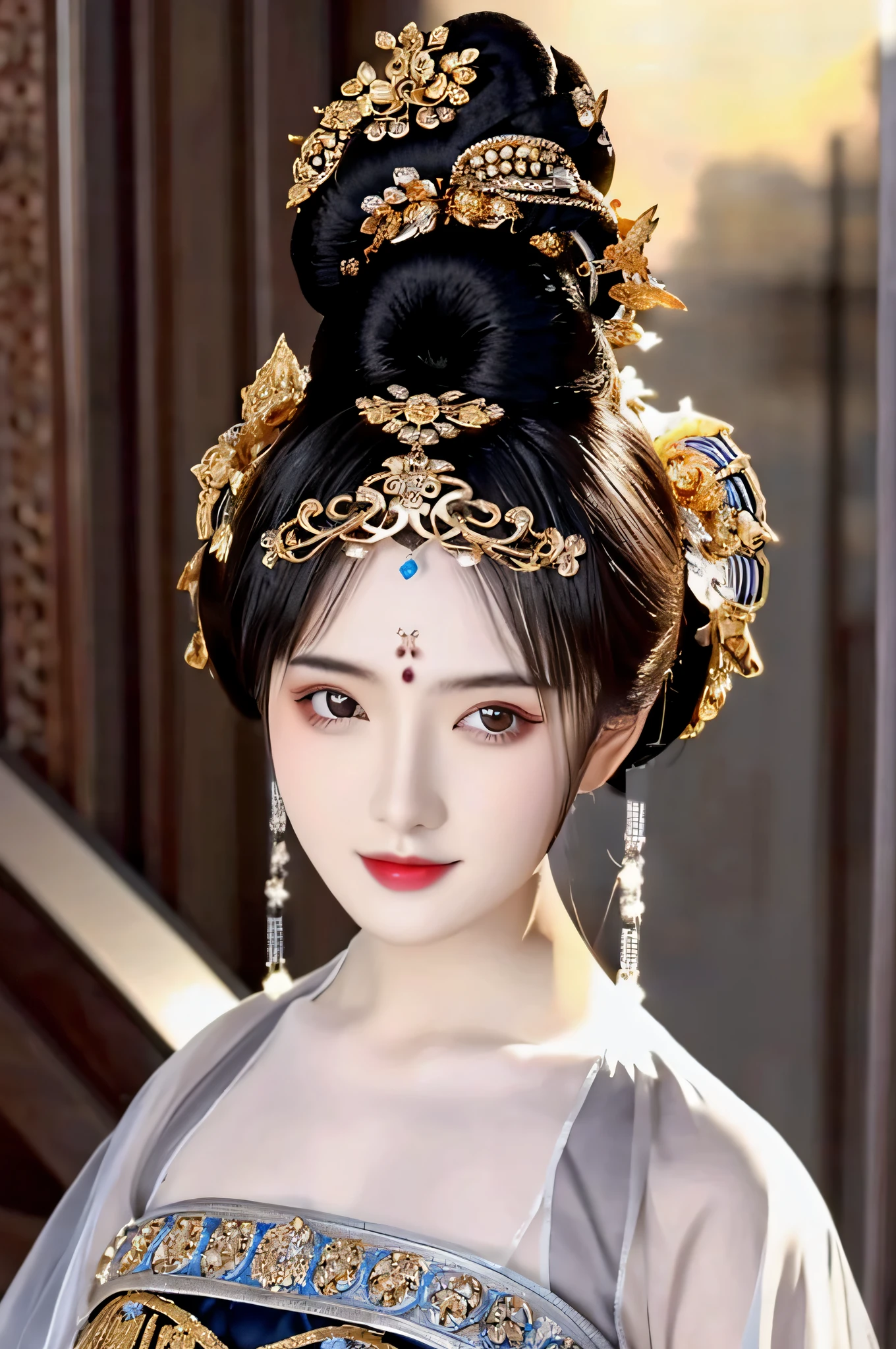 1girll, Solo, Masterpiece, Gorgeous metal style with extreme detail, hair1yunbing,short hair,hair bun,big hair,hair up,updo, A detailed eye, metal crown，Decorated with ornate stripes, floated hair, detail in face, Clothes made of silver, Clothes with gold lace, ,