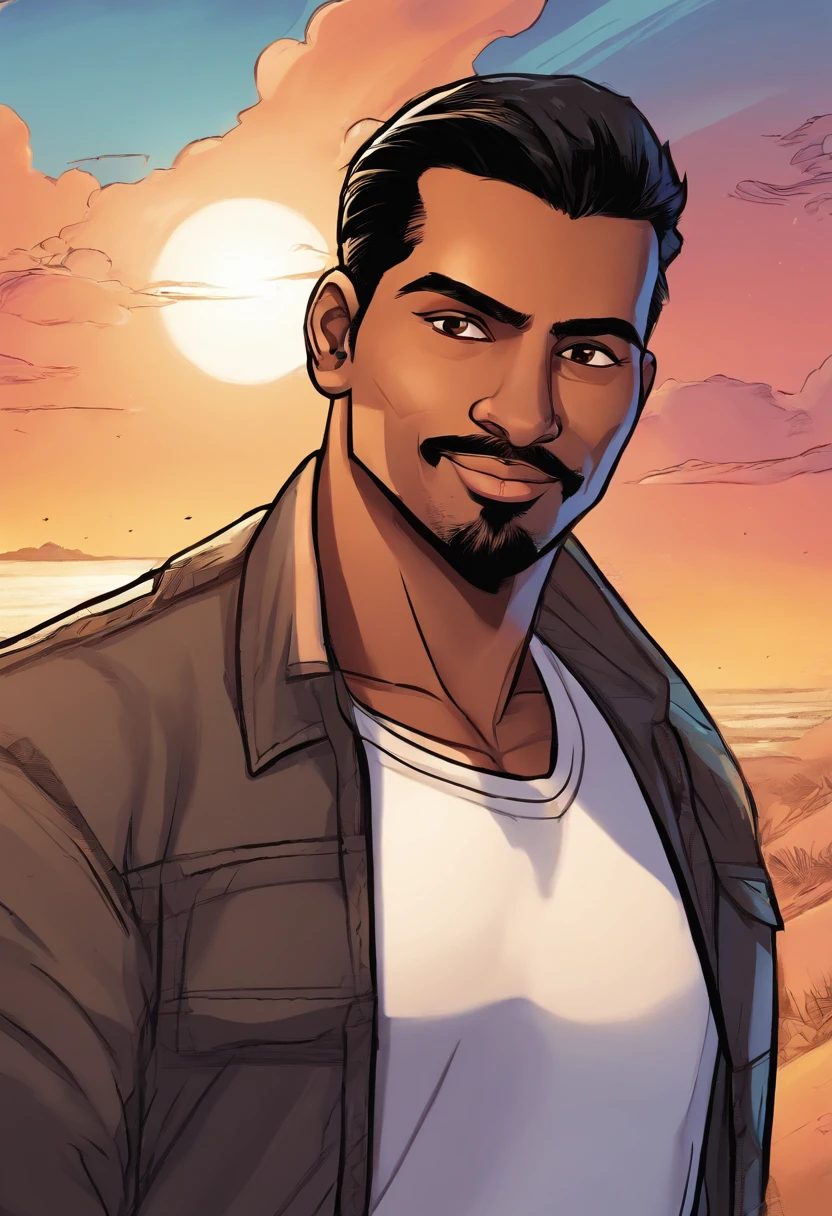 A medium close up of Indian man wearing black shirt, straight hair . Unfocused background of a sunset, normal smile.