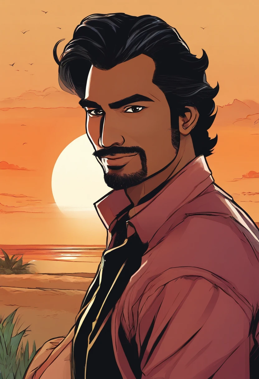 A medium close up of Indian man wearing black shirt, straight hair . Unfocused background of a sunset, normal smile.