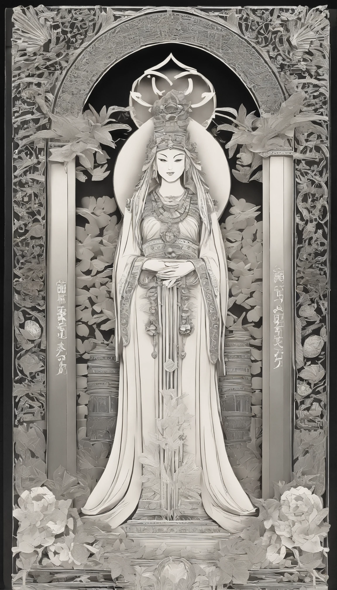 The High Priestess sits in front of a thin veil decorated with pomegranates. On either side of The High Priestess stand two pillars, marking the entrance to this sacred, mystical temple. One pillar is black with the letter B and the other is white with the letter J. The High Priestess wears a blue robe with a cross on her chest and a horned diadem, In her lap, she holds a scroll with the letters TORA, It is partly covered. There is a crescent moon at her feet, highly detailed