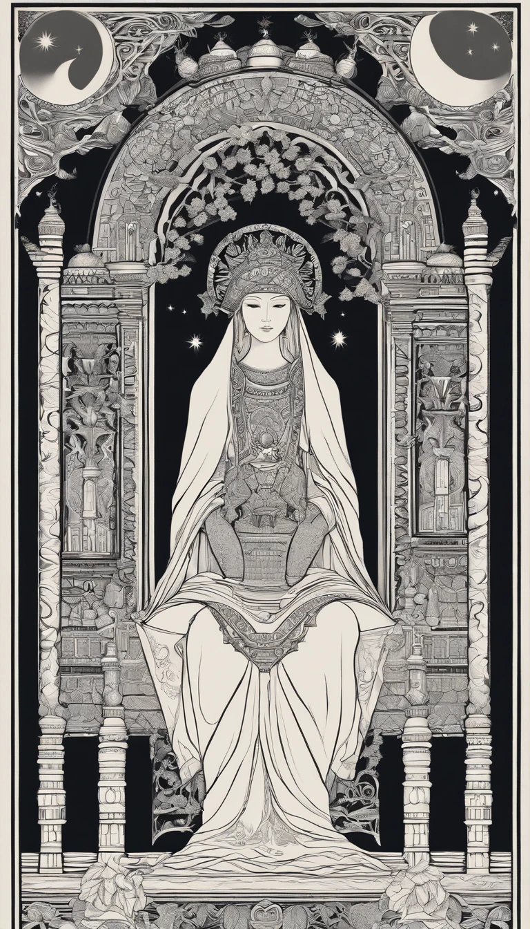 The High Priestess sits in front of a thin veil decorated with pomegranates. On either side of The High Priestess stand two pillars, marking the entrance to this sacred, mystical temple. One pillar is black with the letter B and the other is white with the letter J. The High Priestess wears a blue robe with a cross on her chest and a horned diadem, In her lap, she holds a scroll with the letters TORA, It is partly covered. There is a crescent moon at her feet, highly detailed