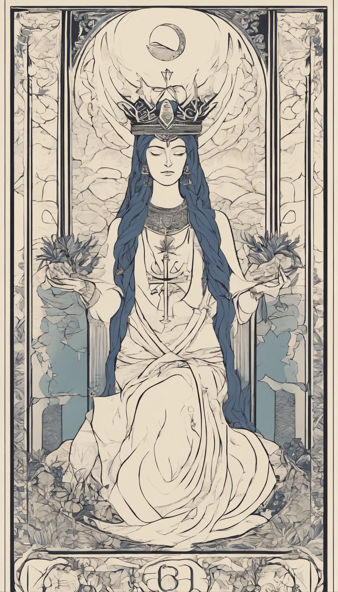 The High Priestess sits in front of a thin veil decorated with pomegranates. On either side of The High Priestess stand two pillars, marking the entrance to this sacred, mystical temple. One pillar is black with the letter B and the other is white with the letter J. The High Priestess wears a blue robe with a cross on her chest and a horned diadem, In her lap, she holds a scroll with the letters TORA, It is partly covered. There is a crescent moon at her feet, highly detailed