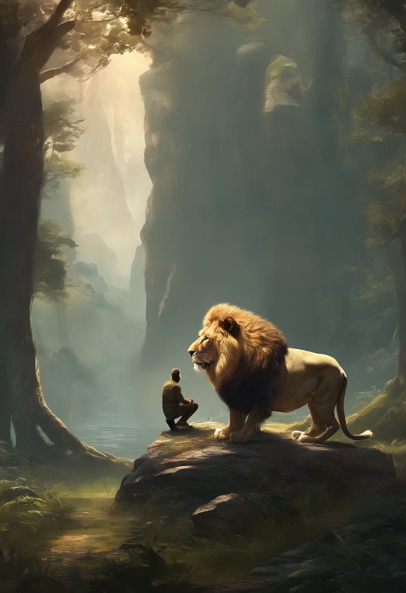 Image of a man kneeling in prayer with a lion sitting in front of him, numa floresta, Demonstrating Your Devotion to God