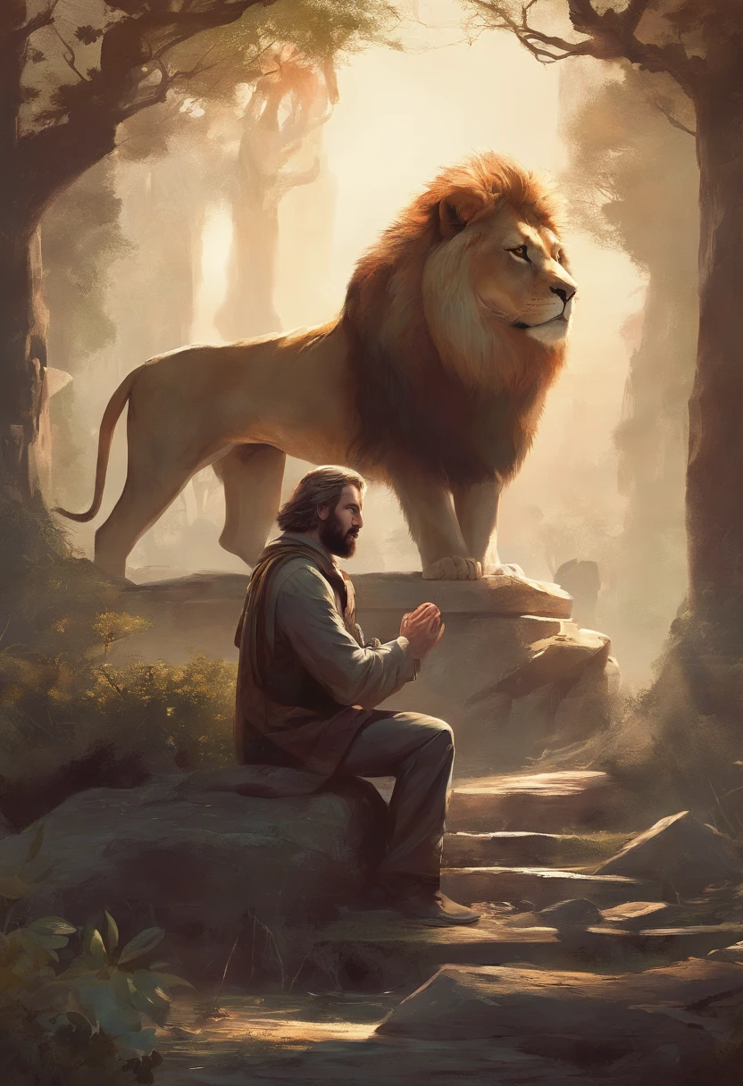 Image of a man kneeling in prayer with a lion sitting in front of him, numa floresta, Demonstrating Your Devotion to God
