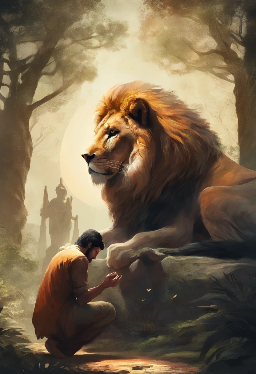 Image of a man kneeling in prayer with a lion sitting in front of him, numa floresta, Demonstrating Your Devotion to God