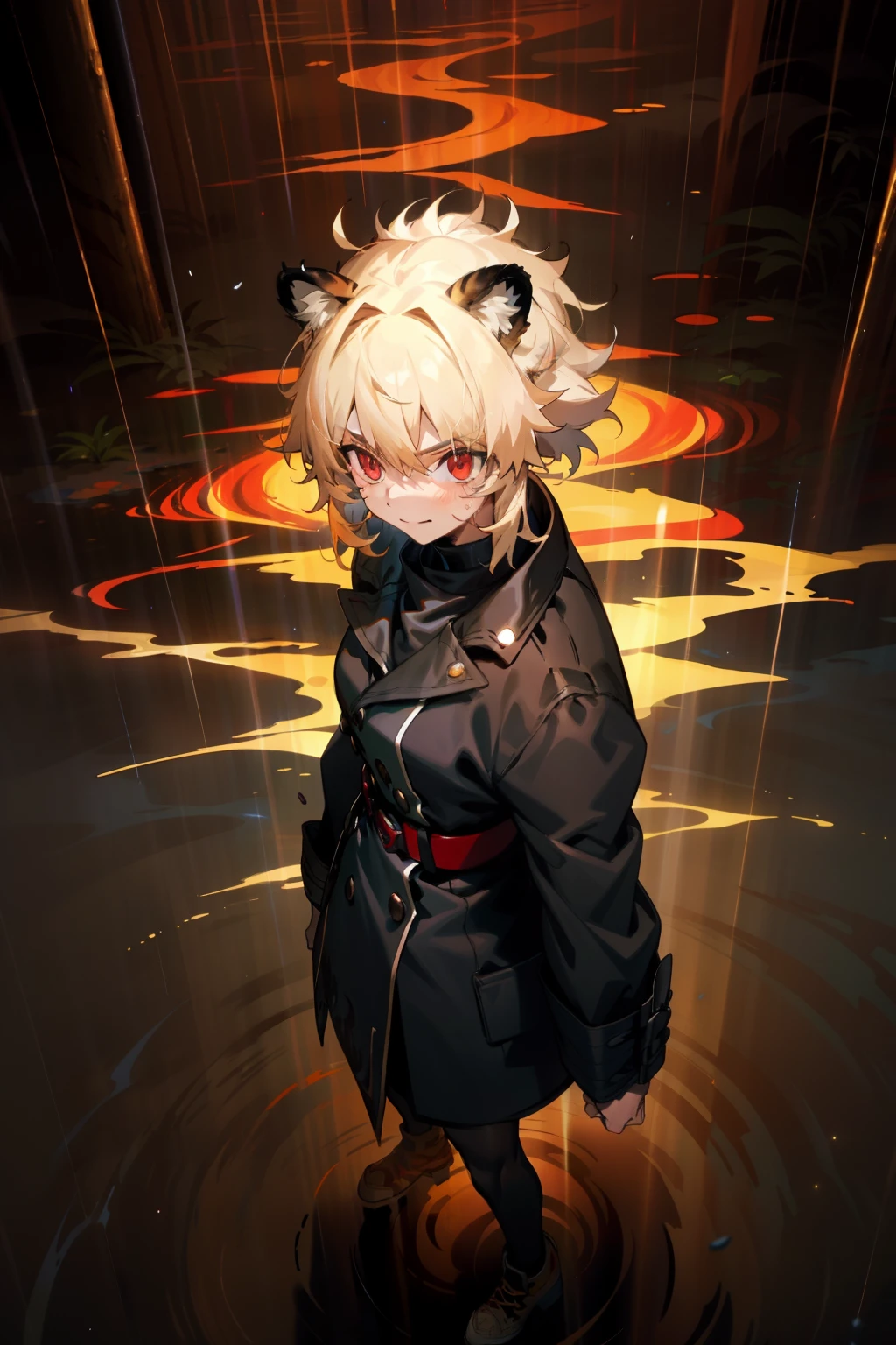 Girl in the jungle, Epic, Intricate, fake smile, From above, Muscular, standing, (Thunderstorms, torrential rains, Aura:1.1), Blonde hair, Tiger ears, Messy hair，diadems, Pupil of the slit, Red eyes, Black jacket, High collar，Handheld，Sword