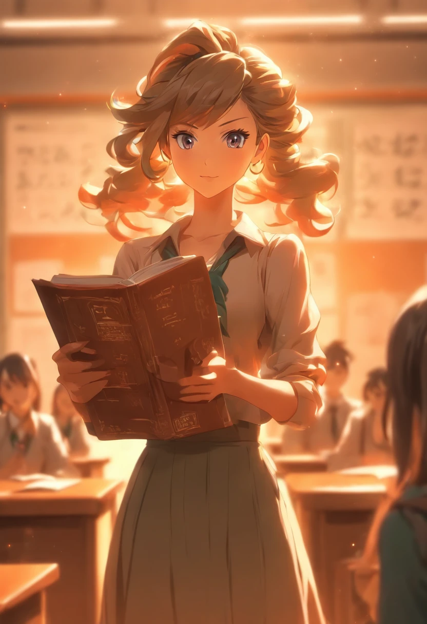 Woman teacher standing giving class with book in hand