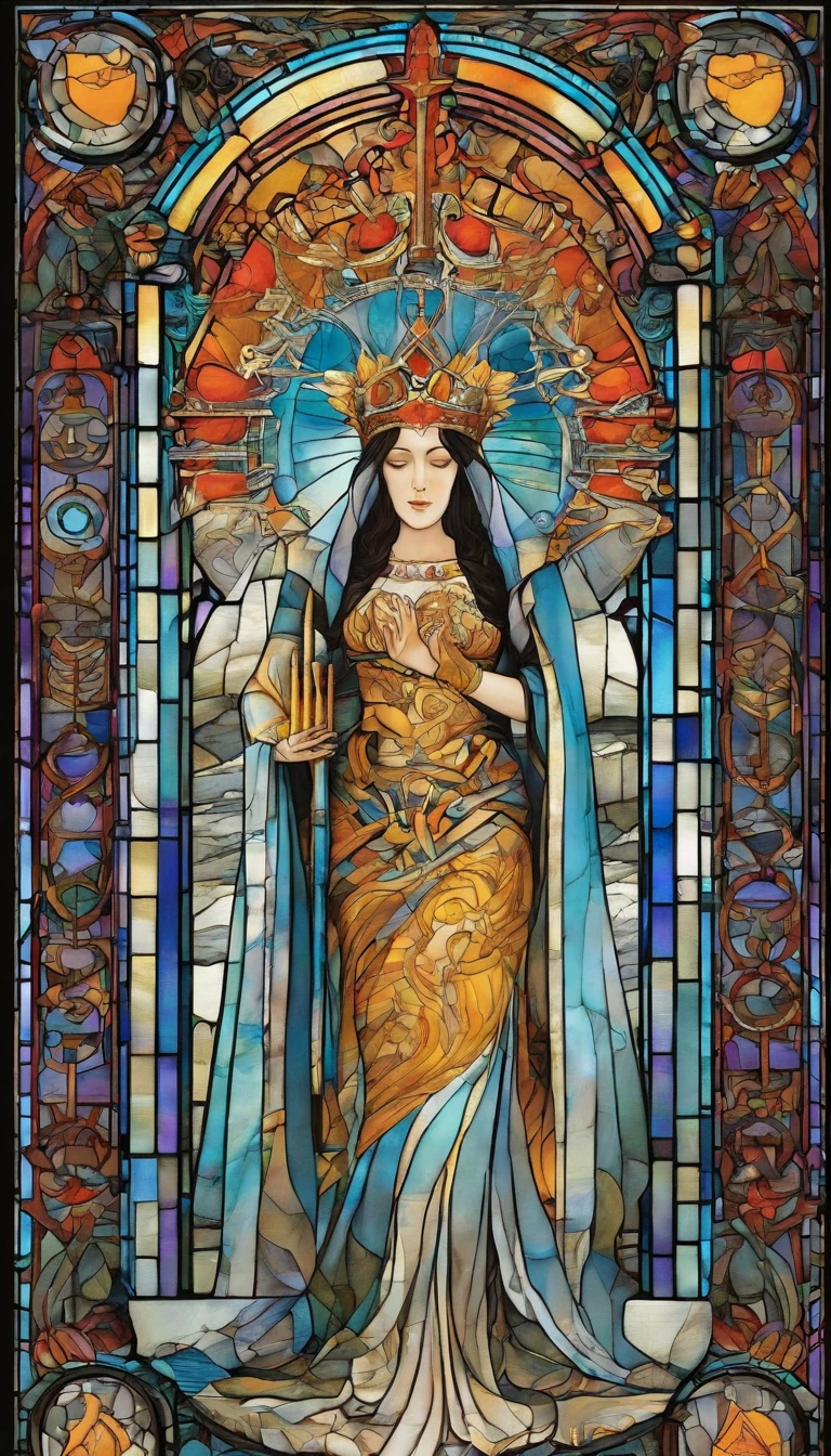 The High Priestess sits in front of a thin veil decorated with pomegranates. On either side of The High Priestess stand two pillars, marking the entrance to this sacred, mystical temple. One pillar is black with the letter B and the other is white with the letter J. The High Priestess wears a blue robe with a cross on her chest and a horned diadem, In her lap, she holds a scroll with the letters TORA, It is partly covered. There is a crescent moon at her feet, highly detailed