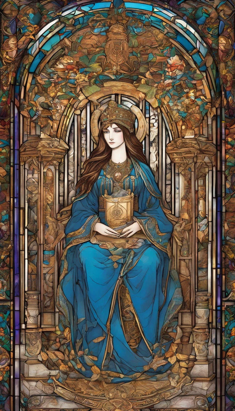 The High Priestess sits in front of a thin veil decorated with pomegranates. On either side of The High Priestess stand two pillars, marking the entrance to this sacred, mystical temple. One pillar is black with the letter B and the other is white with the letter J. The High Priestess wears a blue robe with a cross on her chest and a horned diadem, In her lap, she holds a scroll with the letters TORA, It is partly covered. There is a crescent moon at her feet, highly detailed