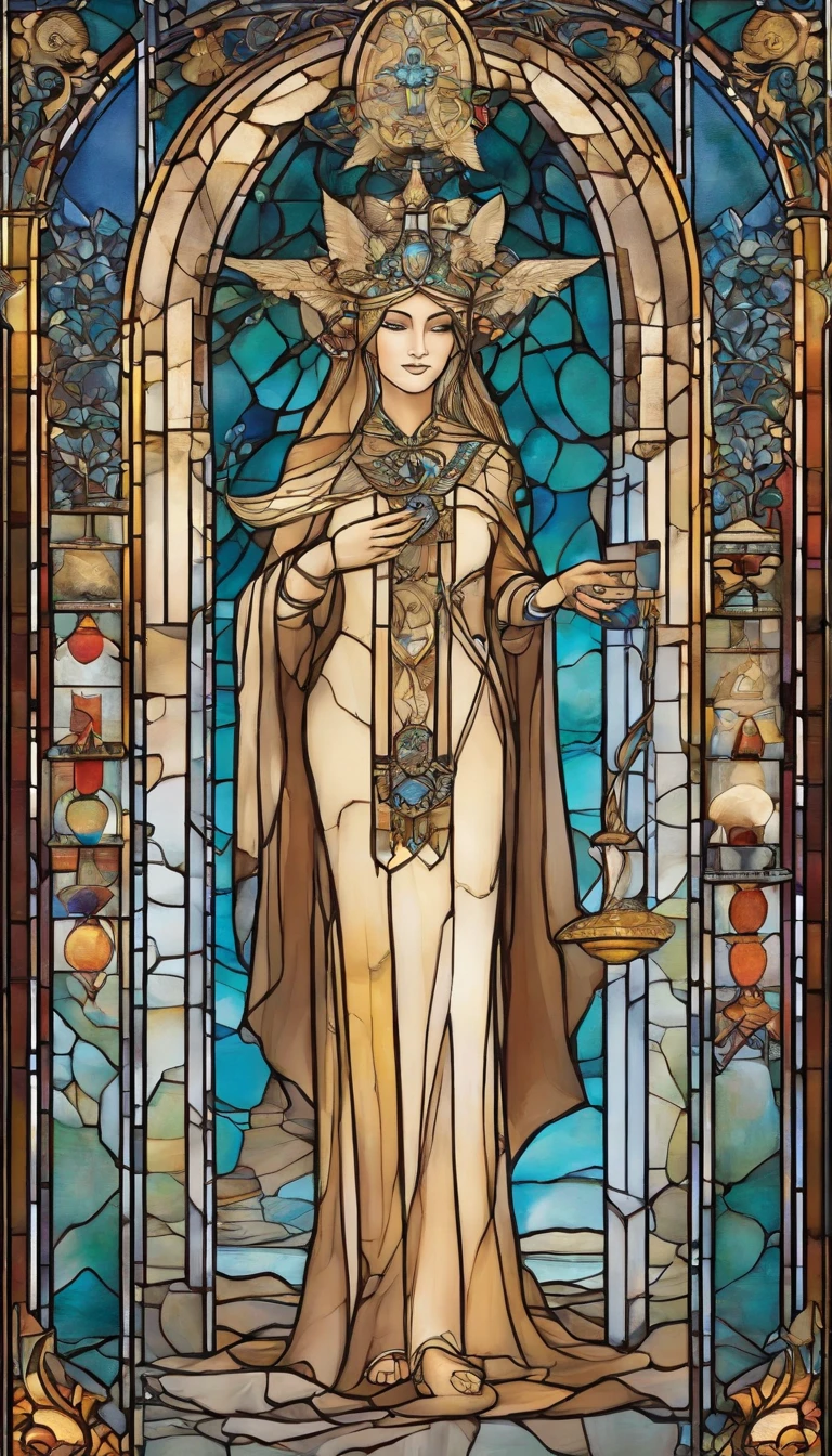 The High Priestess sits in front of a thin veil decorated with pomegranates. On either side of The High Priestess stand two pillars, marking the entrance to this sacred, mystical temple. One pillar is black with the letter B and the other is white with the letter J. The High Priestess wears a blue robe with a cross on her chest and a horned diadem, In her lap, she holds a scroll with the letters TORA, It is partly covered. There is a crescent moon at her feet, highly detailed